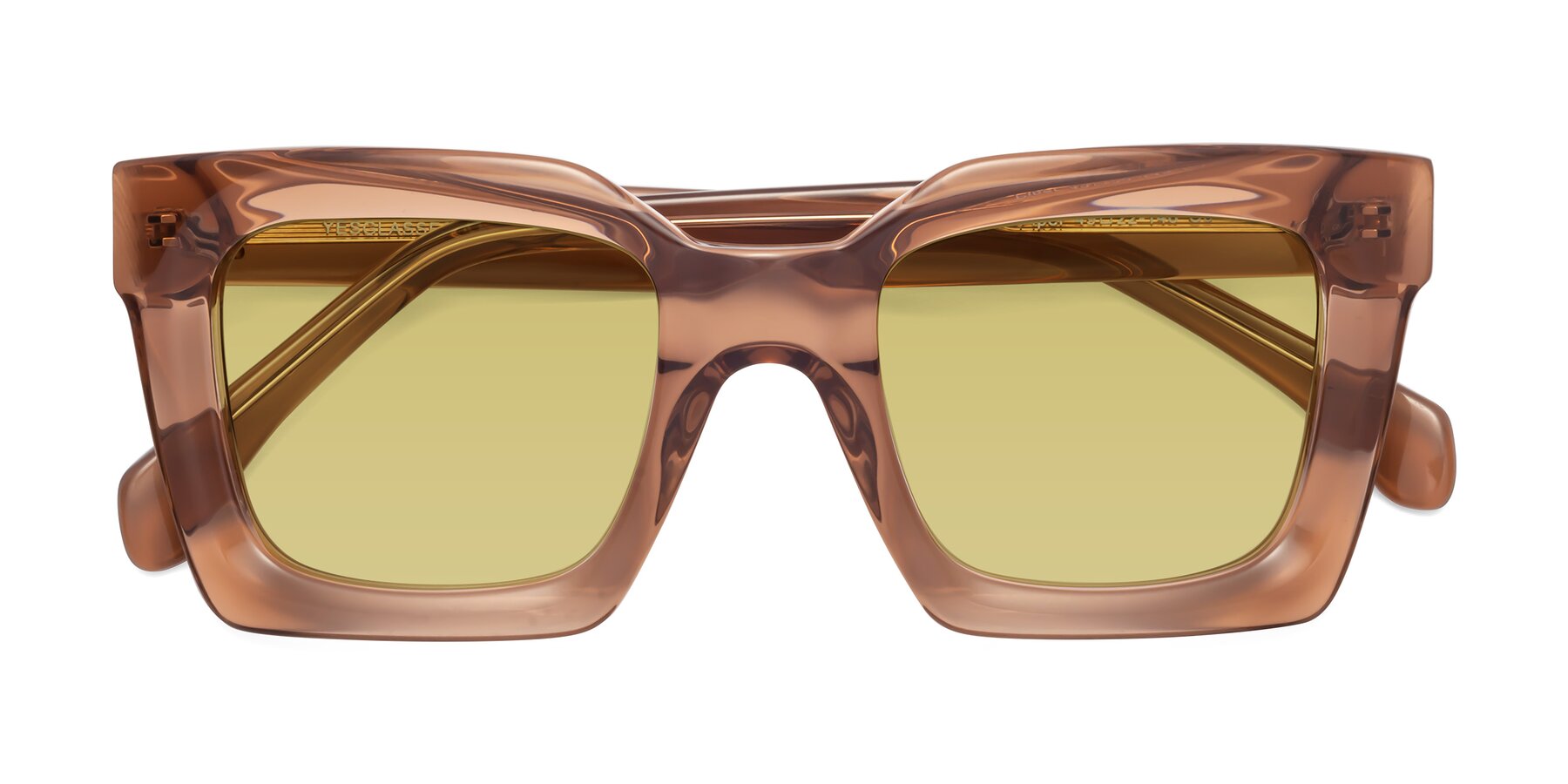 Folded Front of Piper in Caramel with Medium Champagne Tinted Lenses