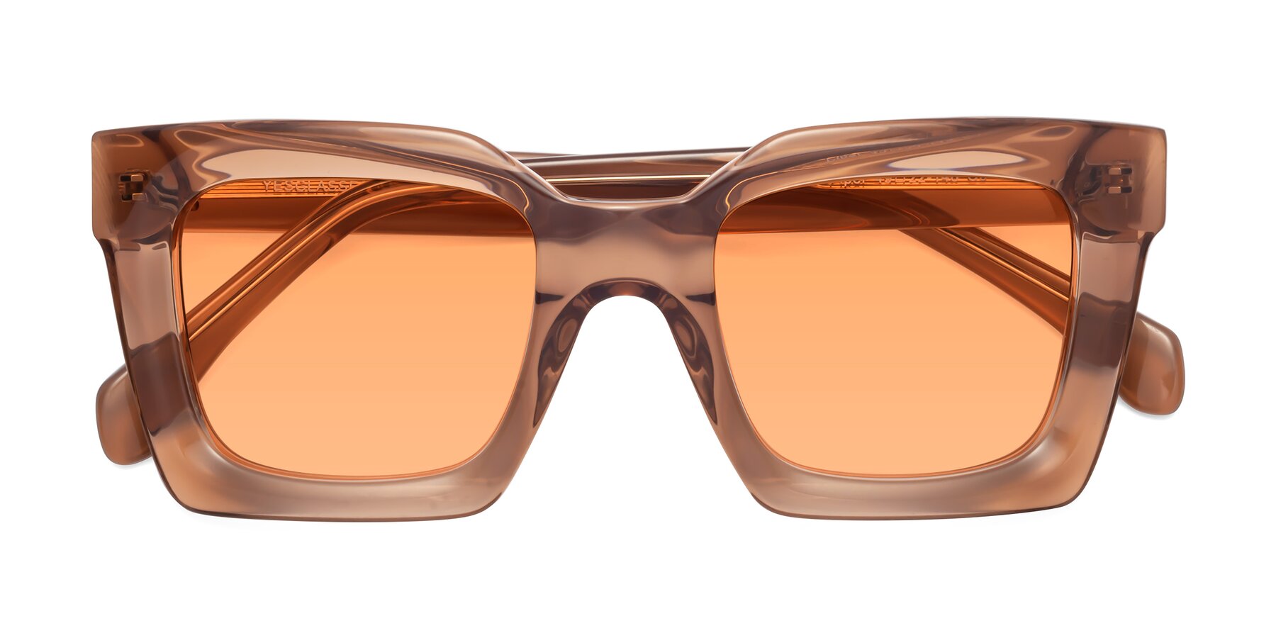 Folded Front of Piper in Caramel with Medium Orange Tinted Lenses