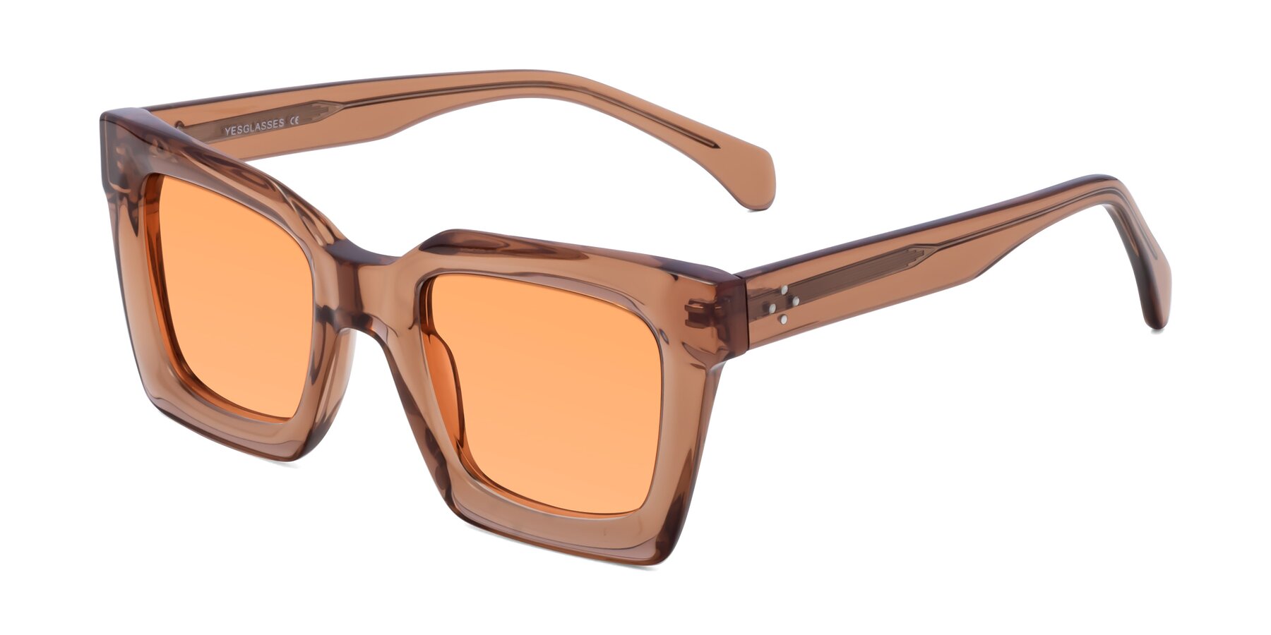 Angle of Piper in Caramel with Medium Orange Tinted Lenses