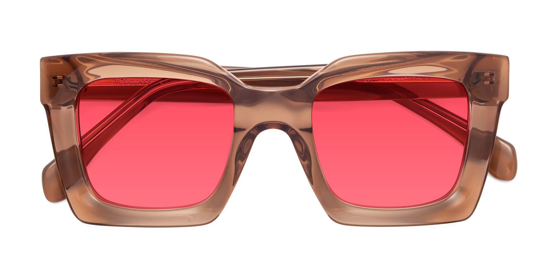 Folded Front of Piper in Caramel with Red Tinted Lenses