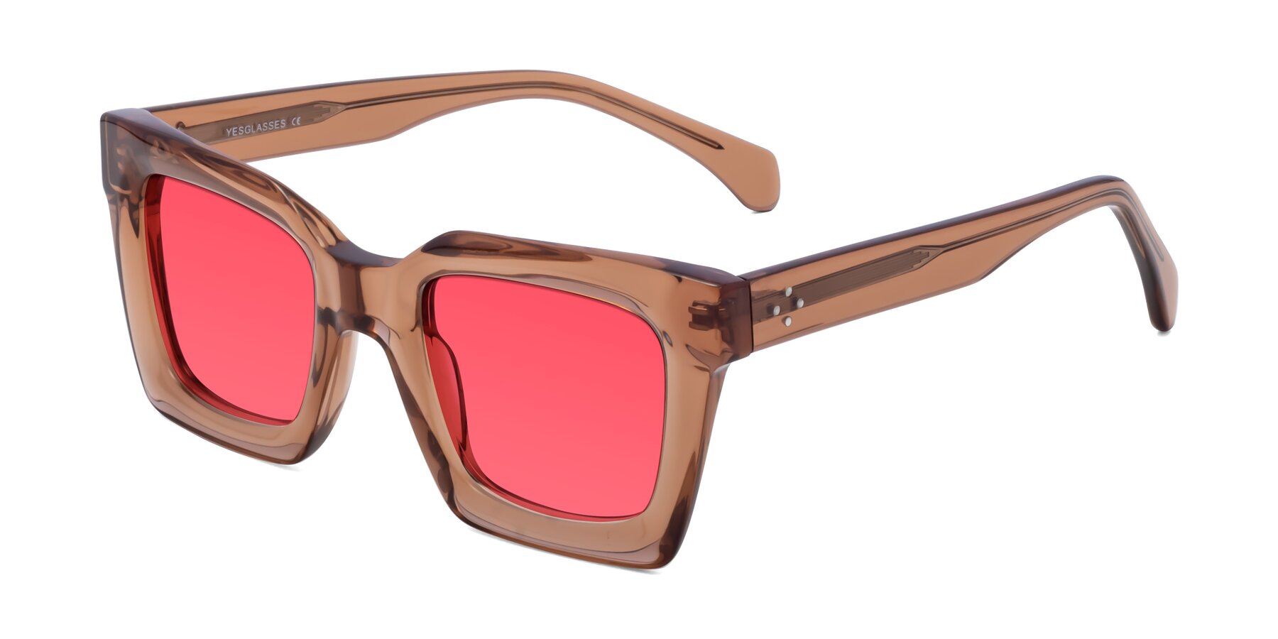 Angle of Piper in Caramel with Red Tinted Lenses