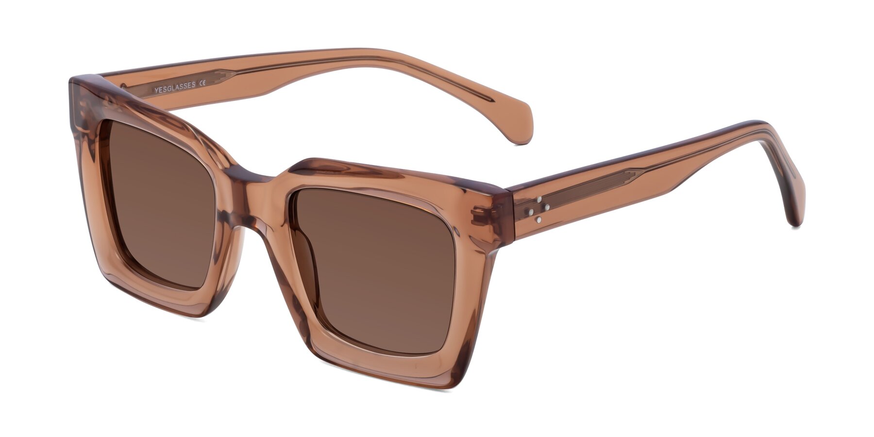 Angle of Piper in Caramel with Brown Tinted Lenses
