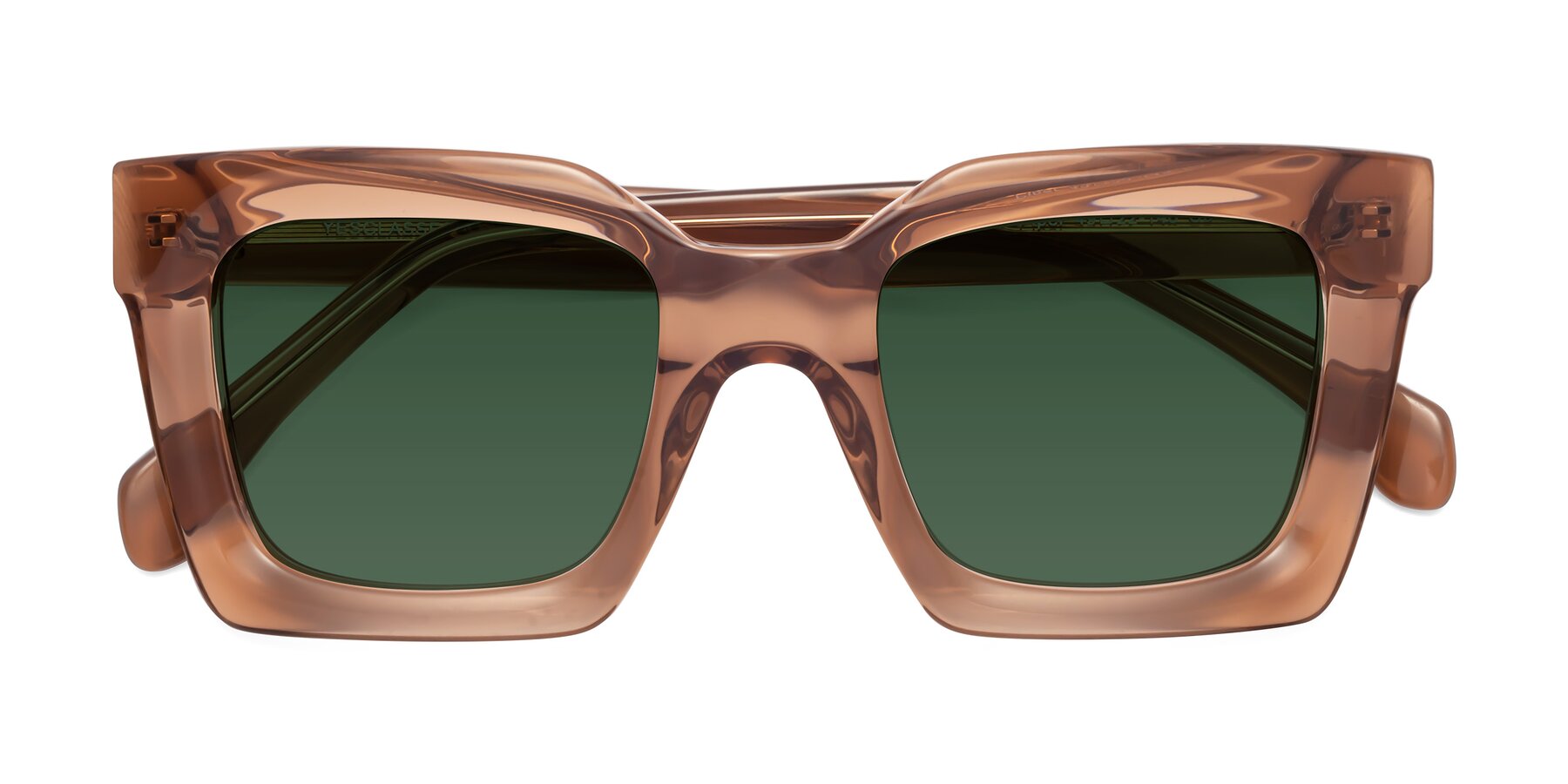 Folded Front of Piper in Caramel with Green Tinted Lenses