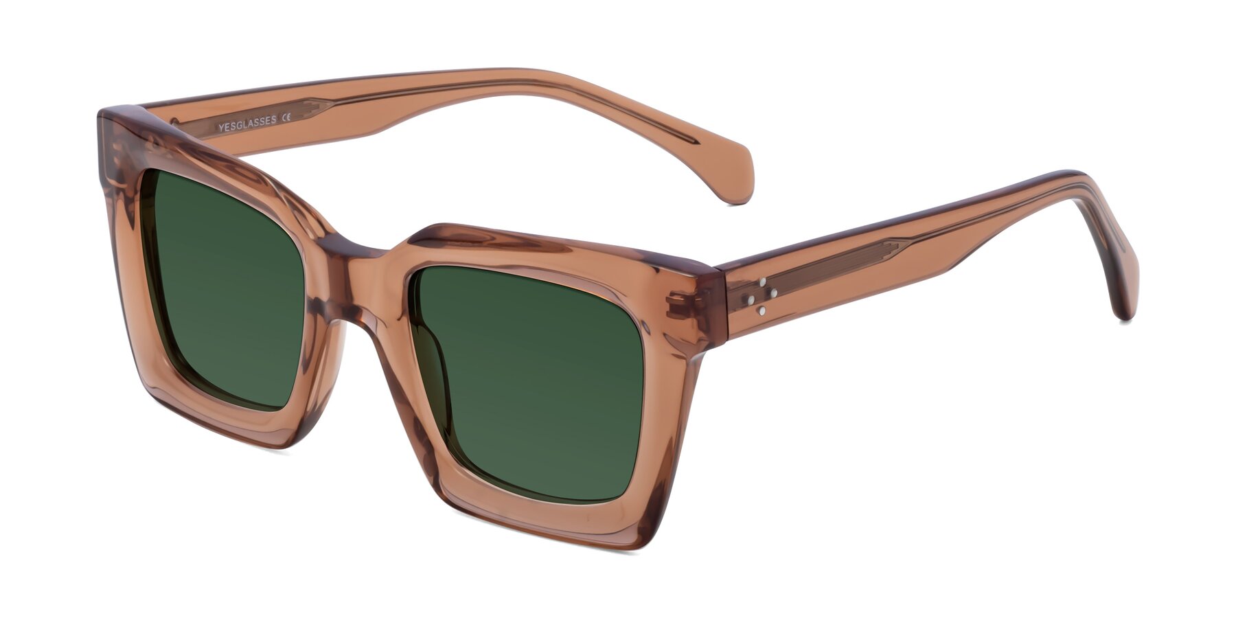 Angle of Piper in Caramel with Green Tinted Lenses