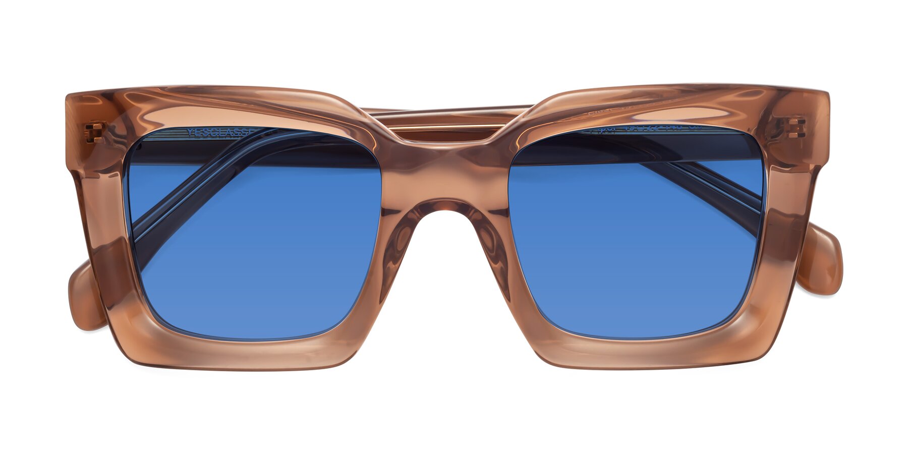Folded Front of Piper in Caramel with Blue Tinted Lenses