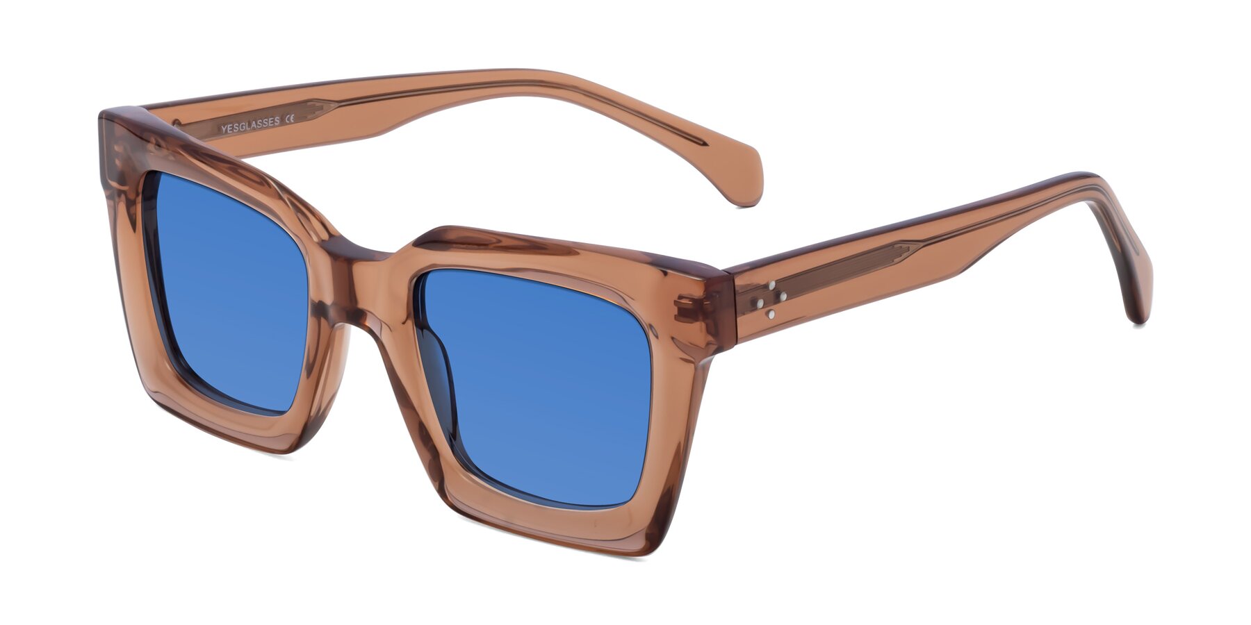 Angle of Piper in Caramel with Blue Tinted Lenses