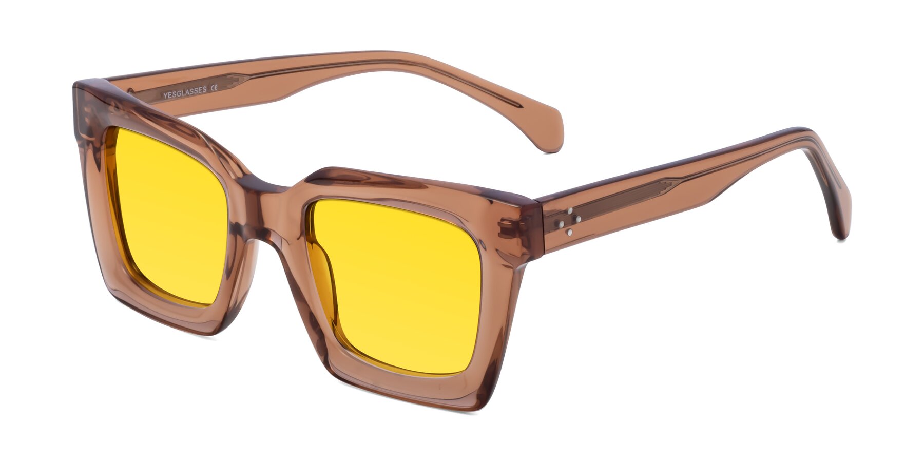 Angle of Piper in Caramel with Yellow Tinted Lenses