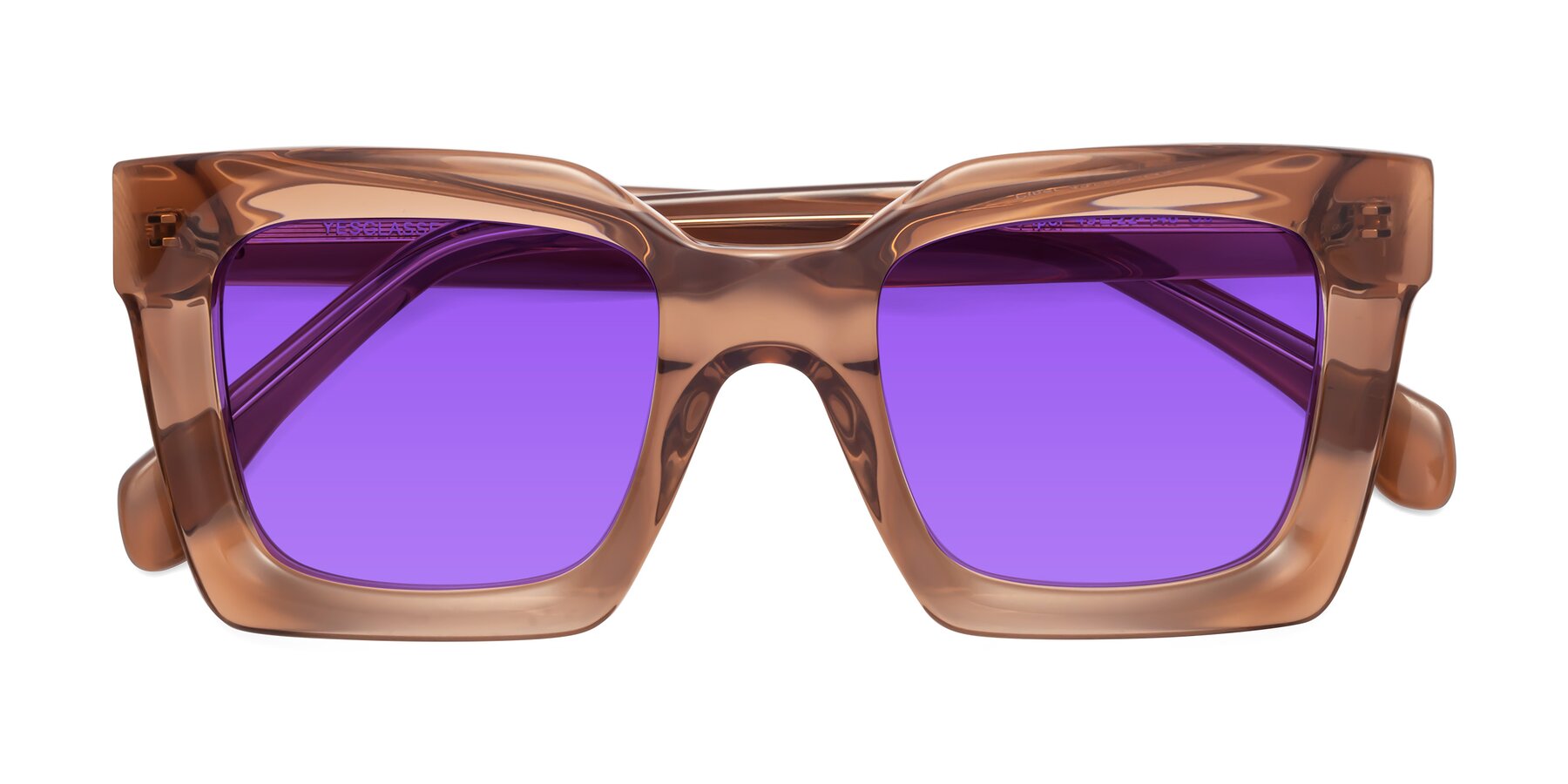 Folded Front of Piper in Caramel with Purple Tinted Lenses
