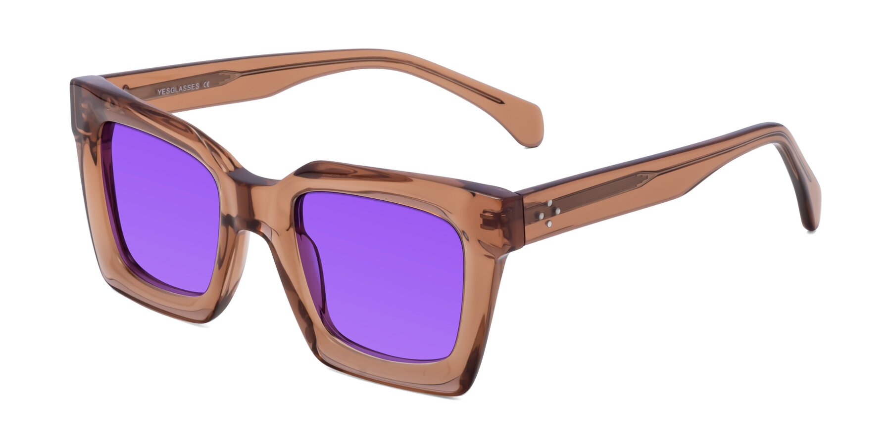 Angle of Piper in Caramel with Purple Tinted Lenses