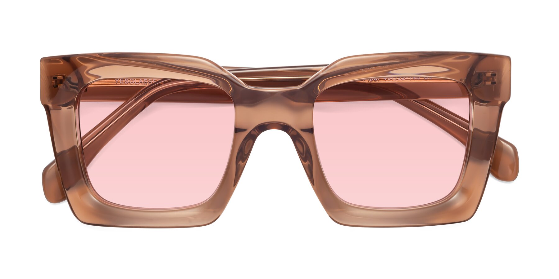 Folded Front of Piper in Caramel with Light Garnet Tinted Lenses