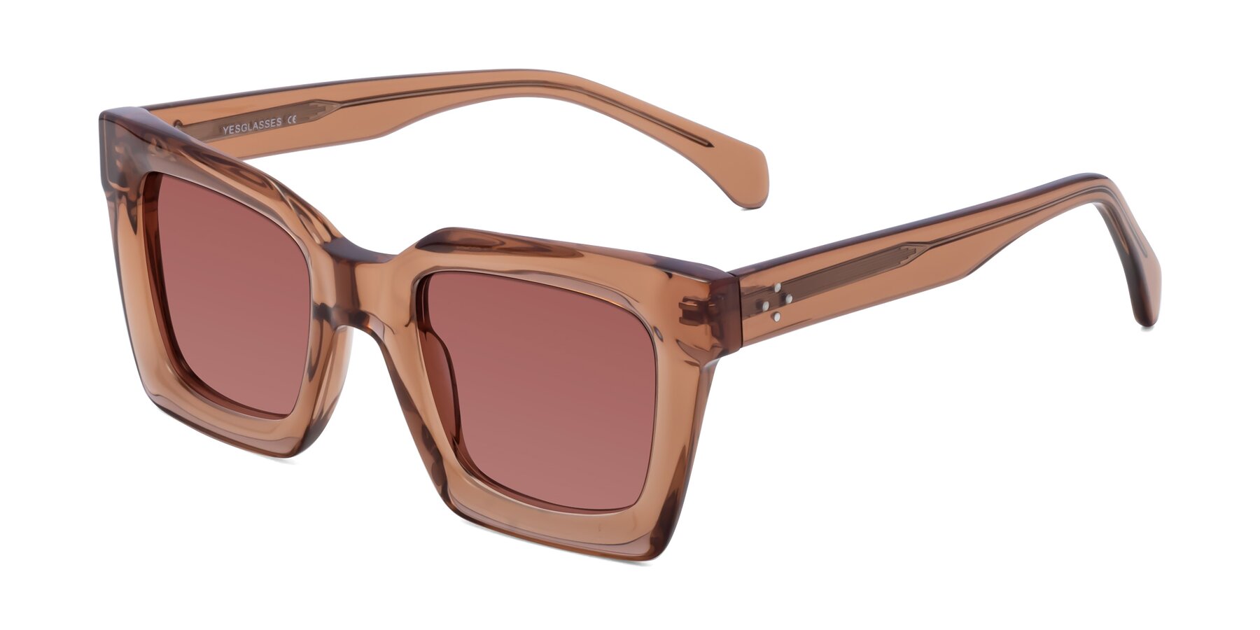 Angle of Piper in Caramel with Garnet Tinted Lenses