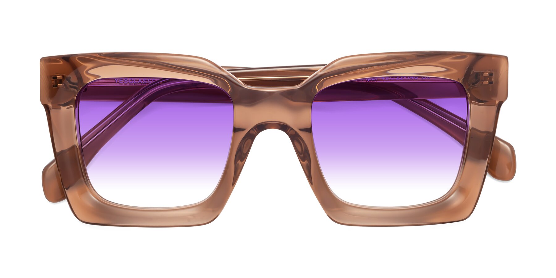 Folded Front of Piper in Caramel with Purple Gradient Lenses