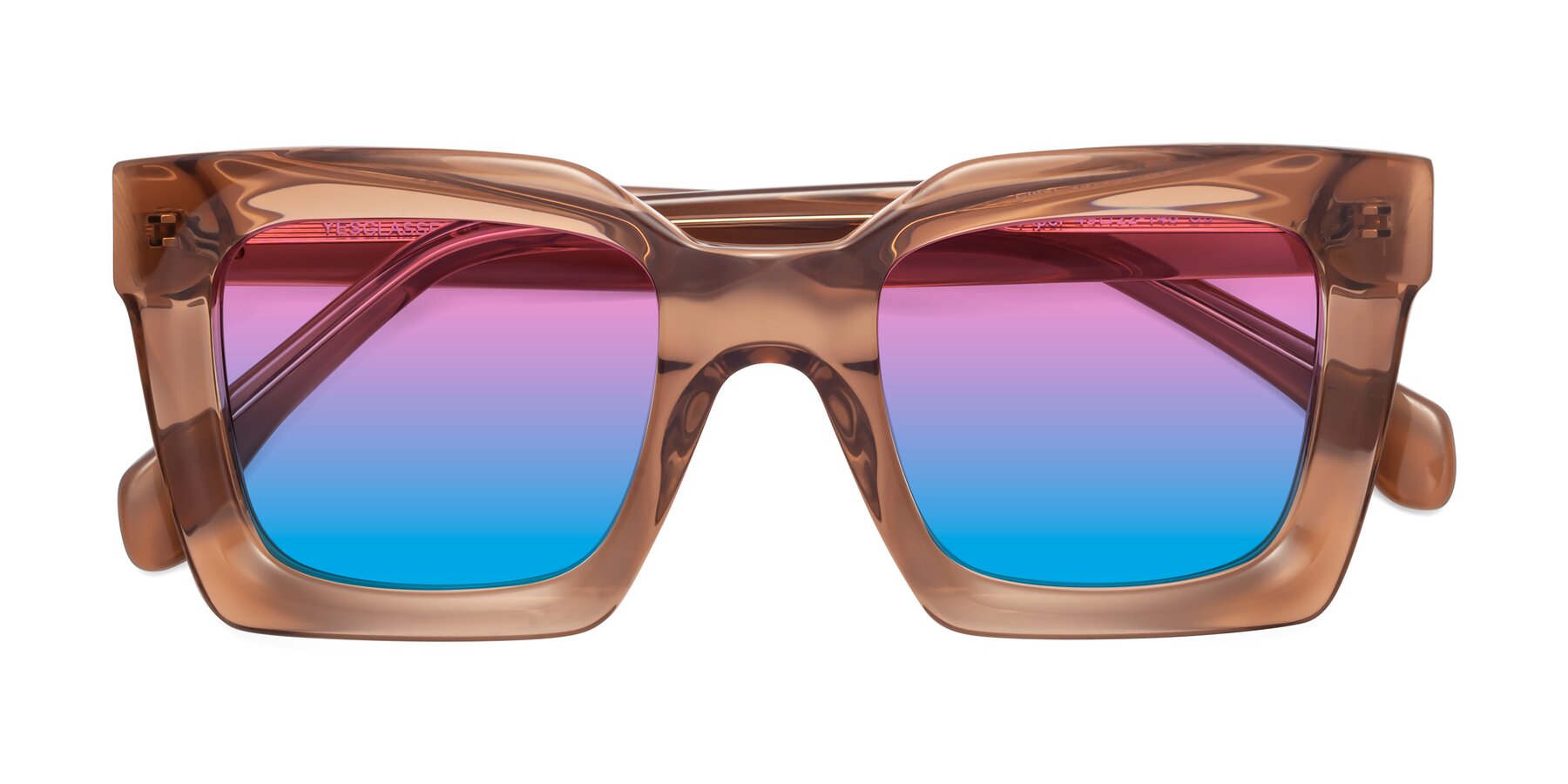 Folded Front of Piper in Caramel with Pink / Blue Gradient Lenses