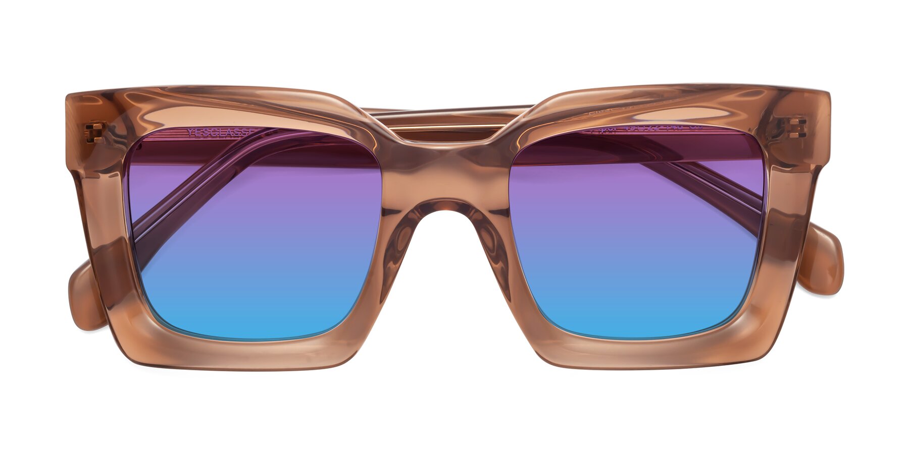 Folded Front of Piper in Caramel with Purple / Blue Gradient Lenses