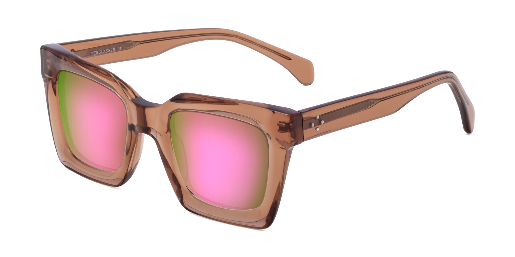 Angle of Piper in Caramel with Pink Mirrored Lenses