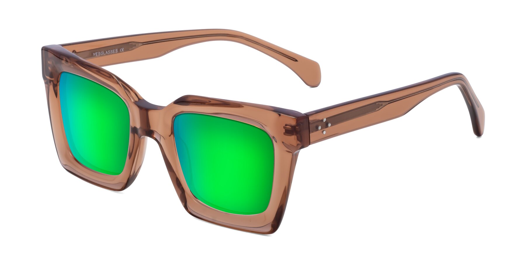 Angle of Piper in Caramel with Green Mirrored Lenses
