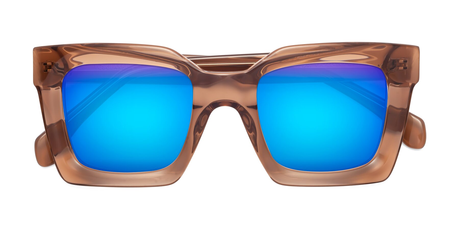 Folded Front of Piper in Caramel with Blue Mirrored Lenses