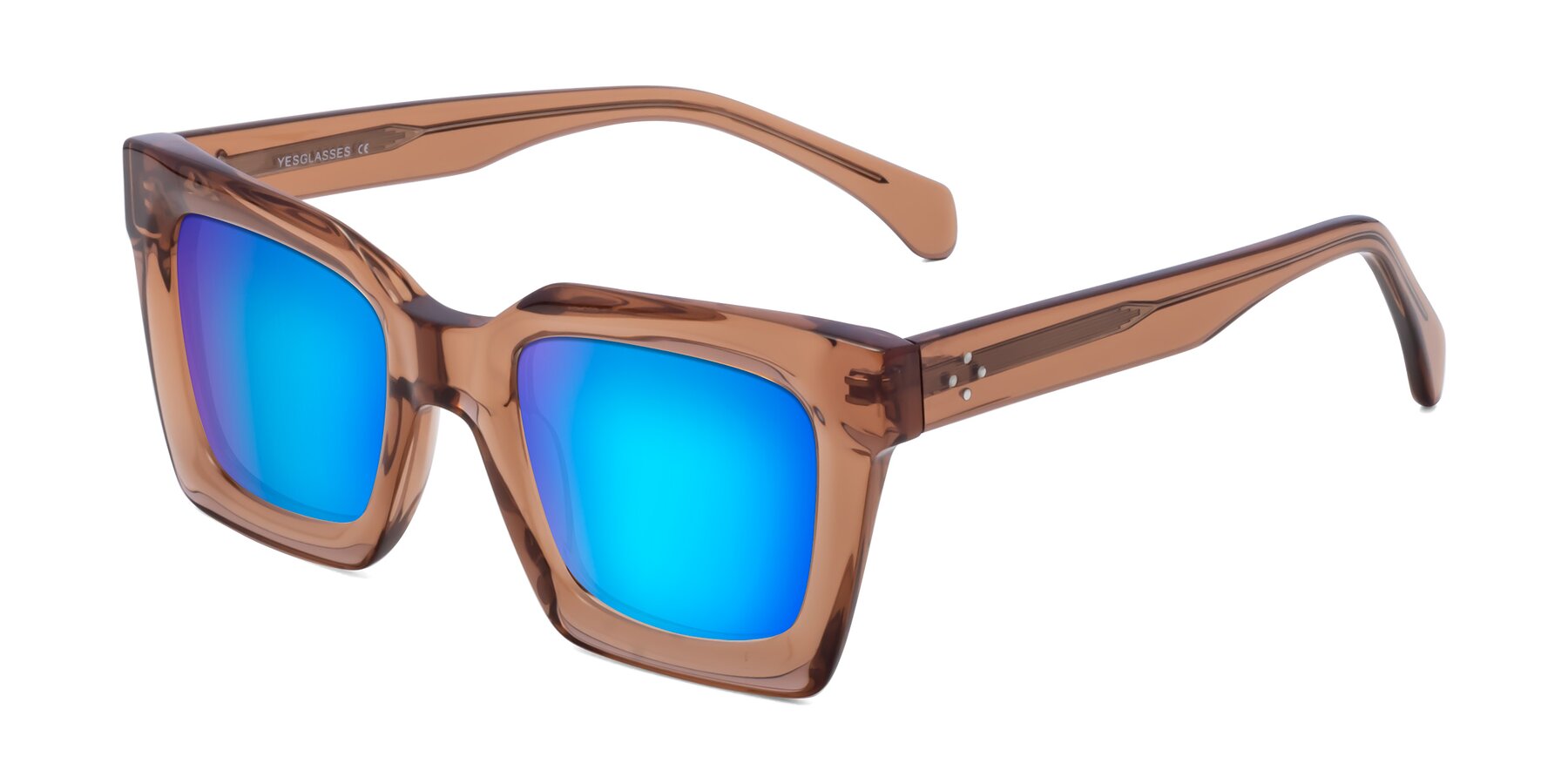 Angle of Piper in Caramel with Blue Mirrored Lenses