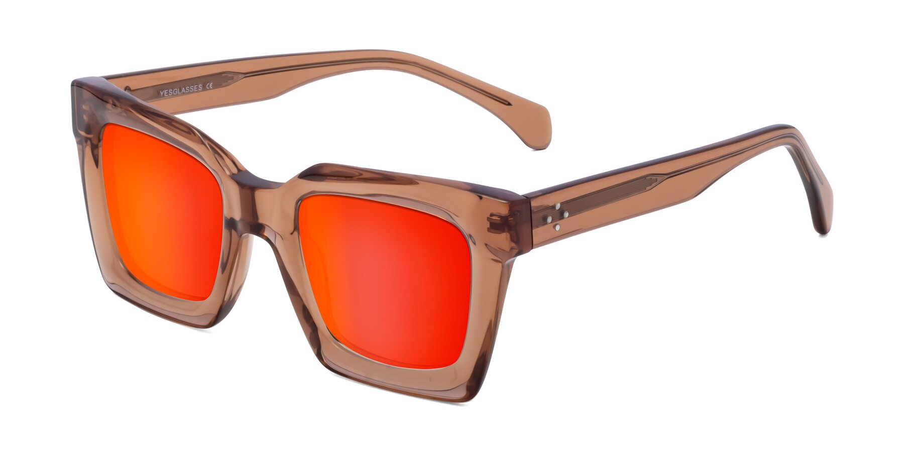 Angle of Piper in Caramel with Red Gold Mirrored Lenses