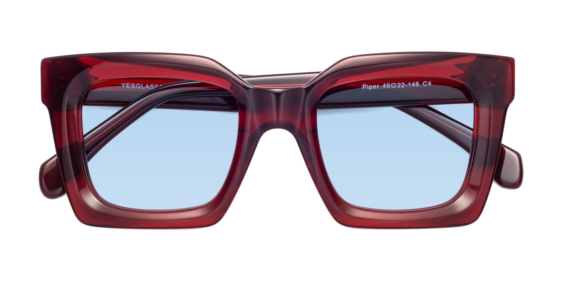 Folded Front of Piper in Wine with Light Blue Tinted Lenses