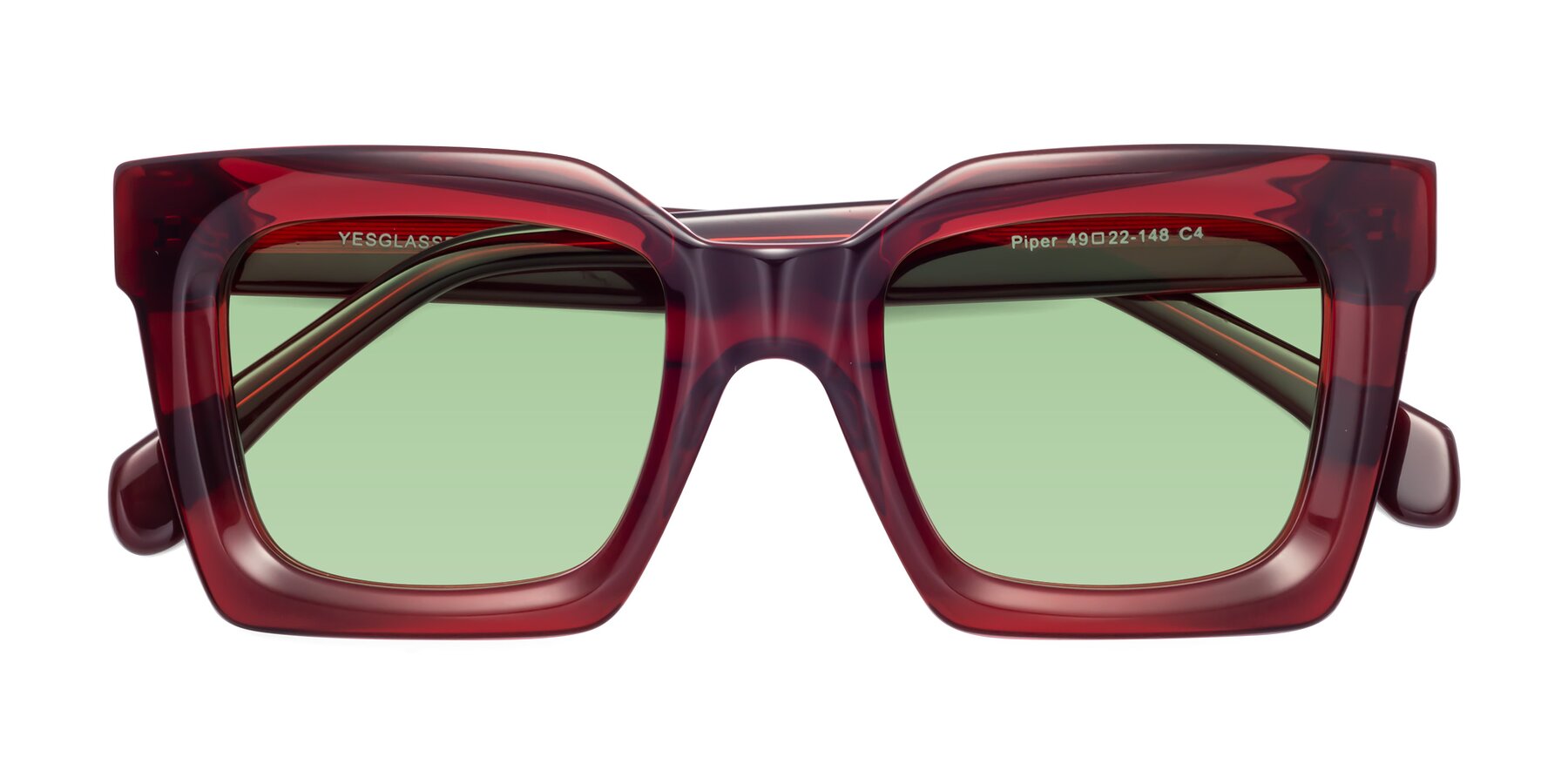 Folded Front of Piper in Wine with Medium Green Tinted Lenses