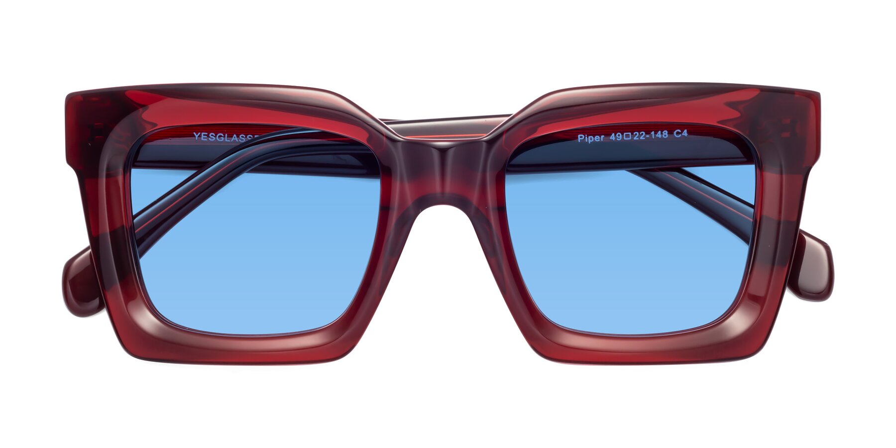 Folded Front of Piper in Wine with Medium Blue Tinted Lenses