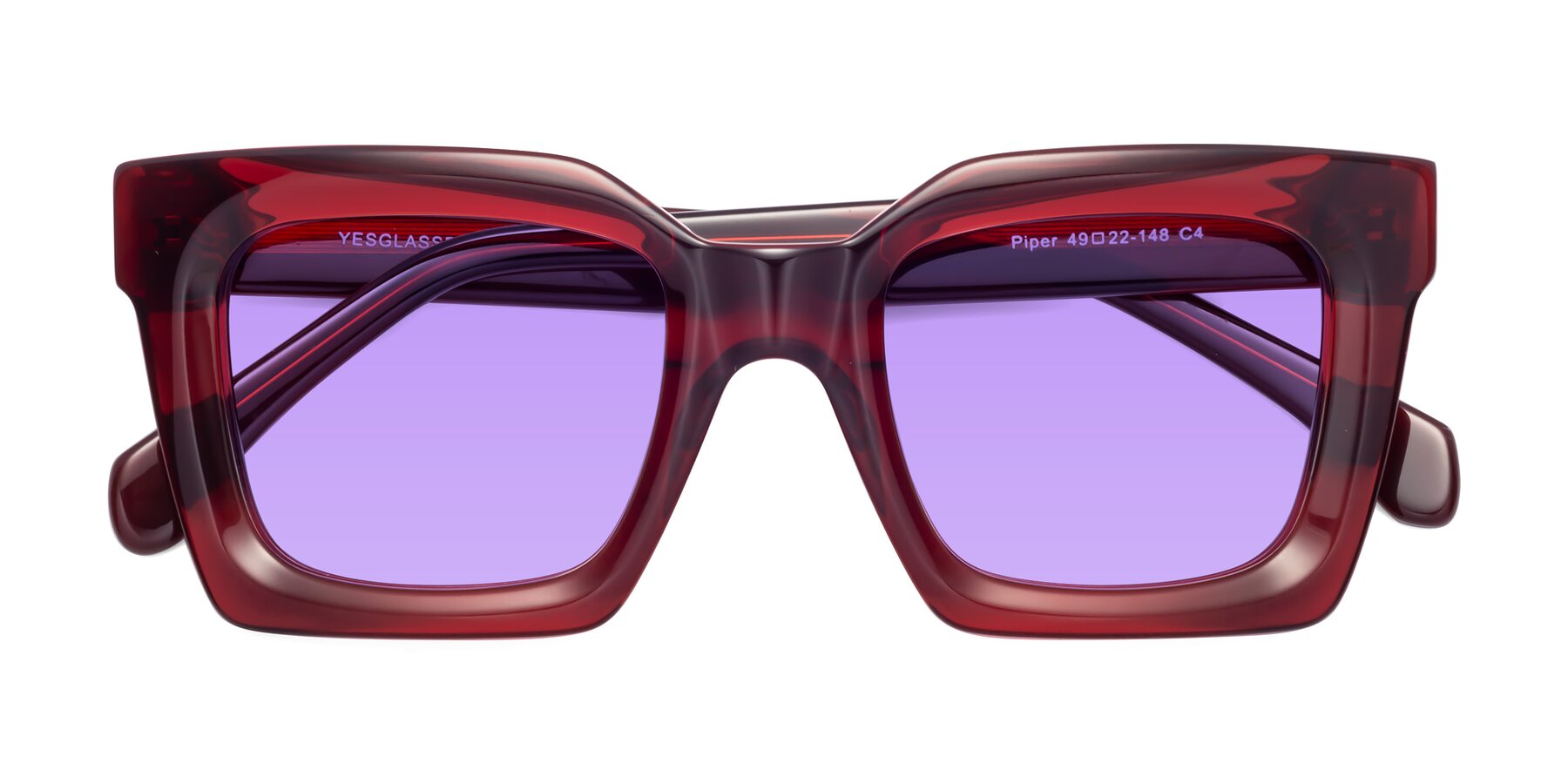 Folded Front of Piper in Wine with Medium Purple Tinted Lenses