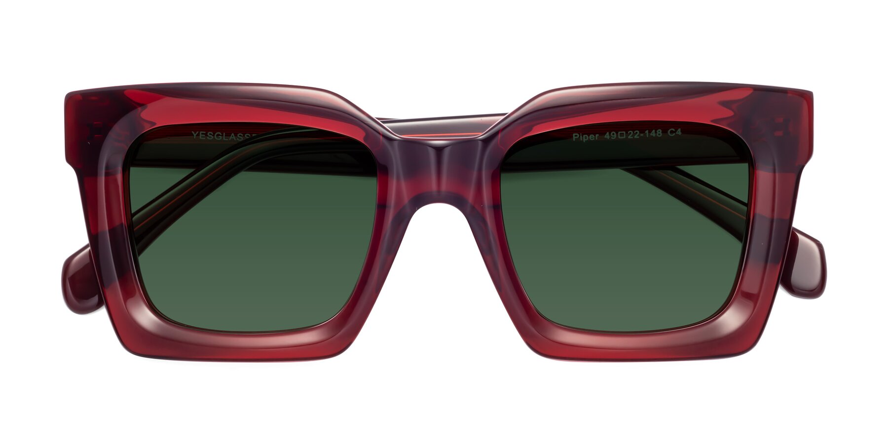 Folded Front of Piper in Wine with Green Tinted Lenses