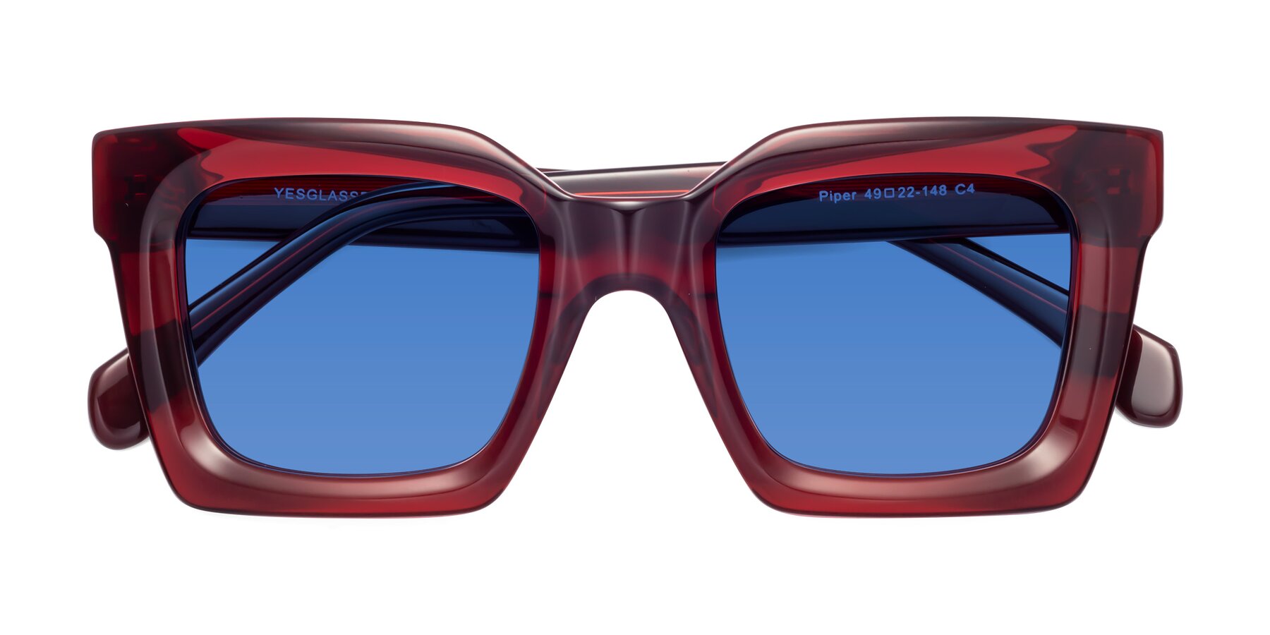 Folded Front of Piper in Wine with Blue Tinted Lenses