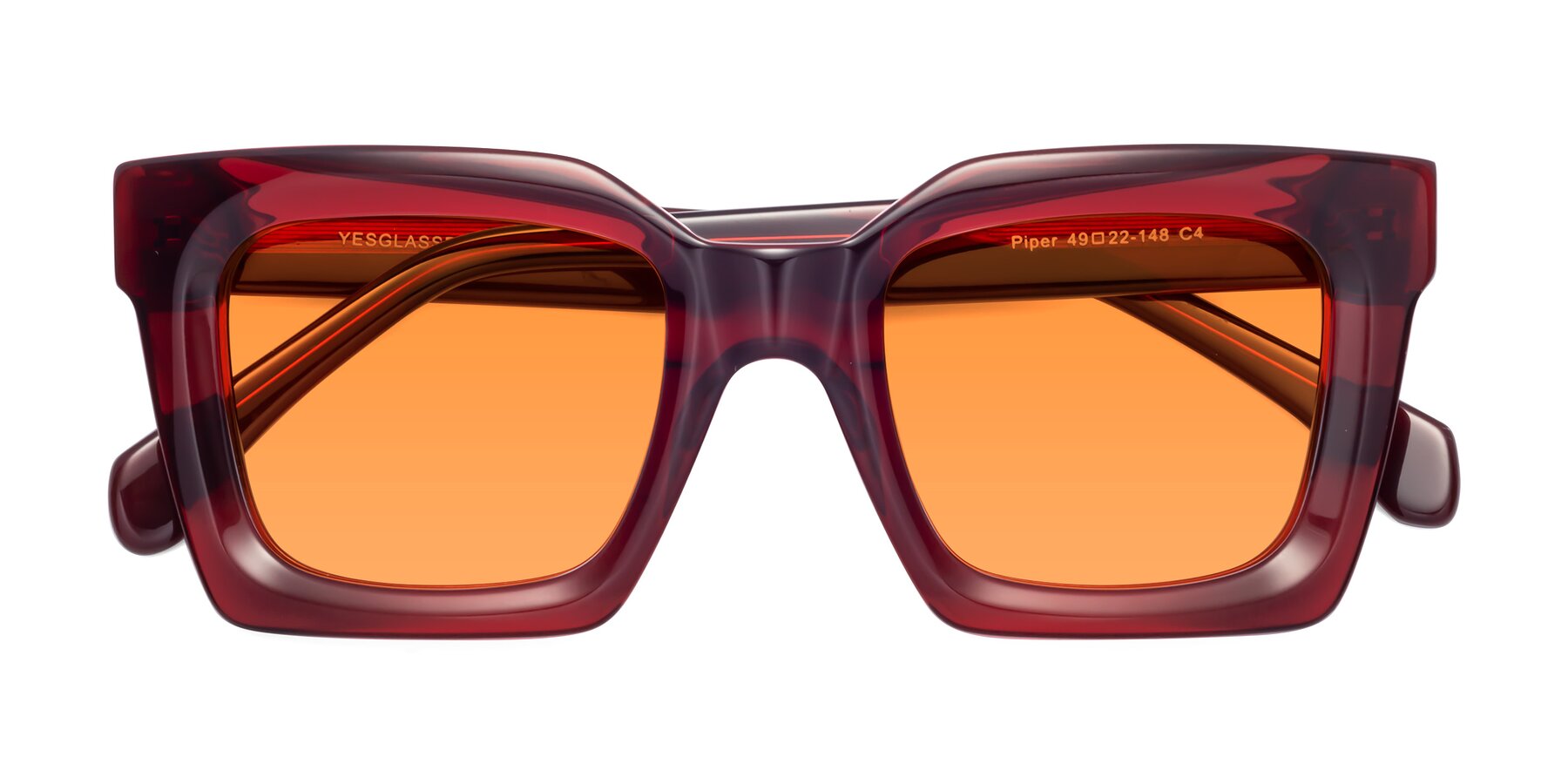 Folded Front of Piper in Wine with Orange Tinted Lenses