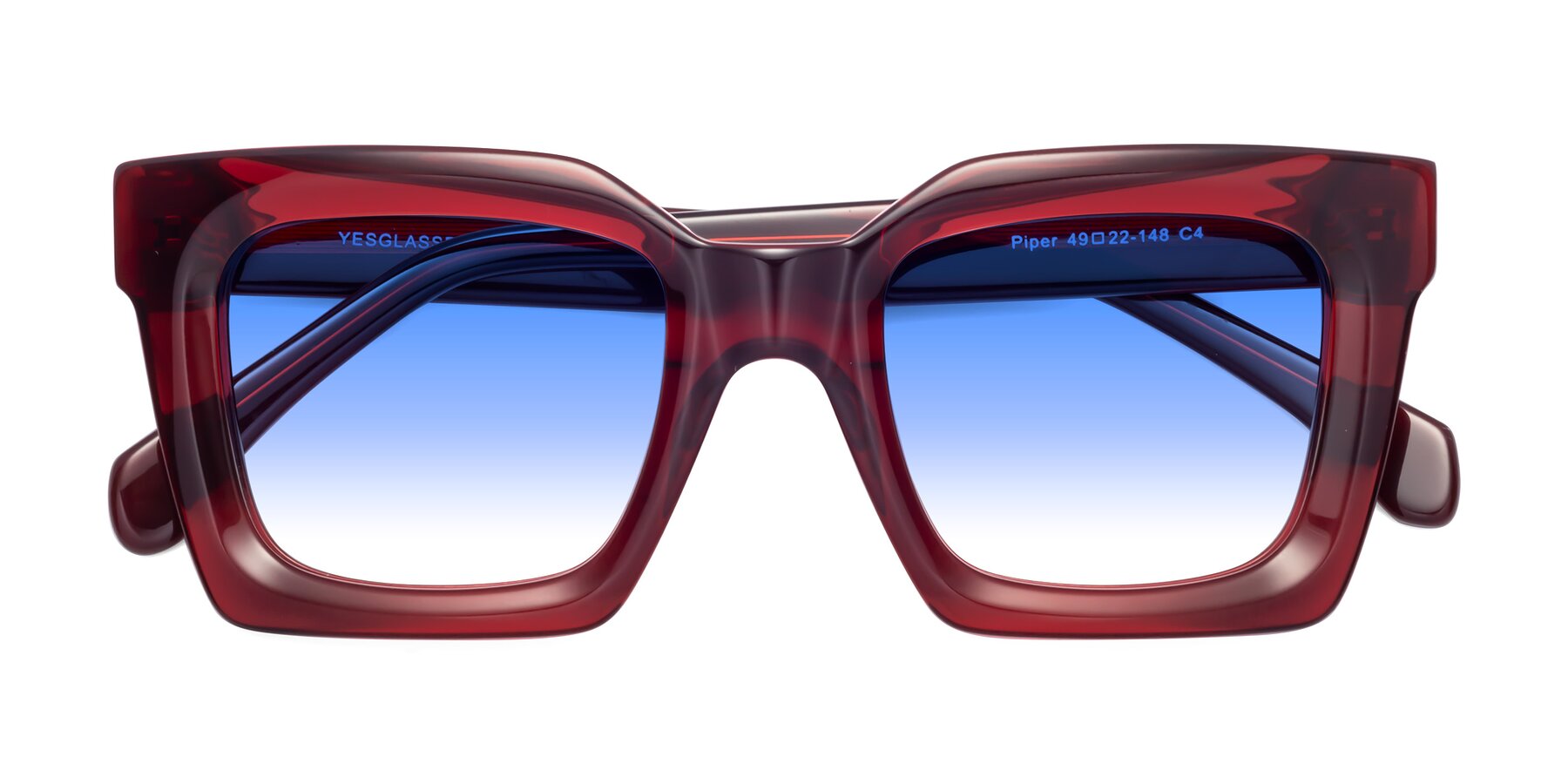 Folded Front of Piper in Wine with Blue Gradient Lenses