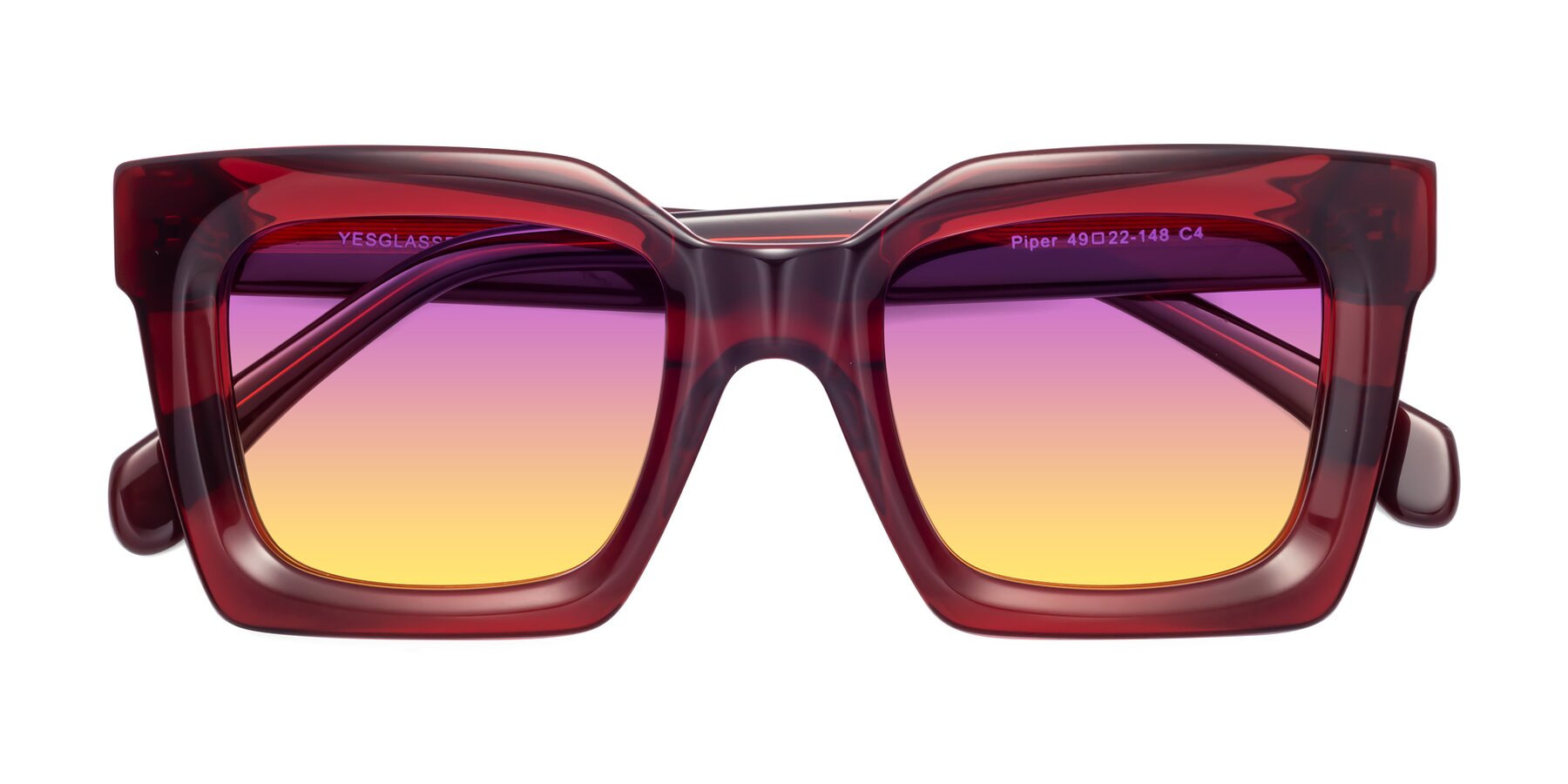 Folded Front of Piper in Wine with Purple / Yellow Gradient Lenses
