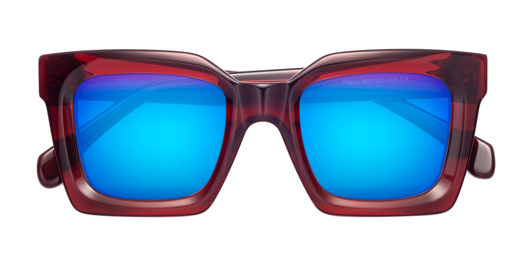 Folded Front of Piper in Wine with Blue Mirrored Lenses