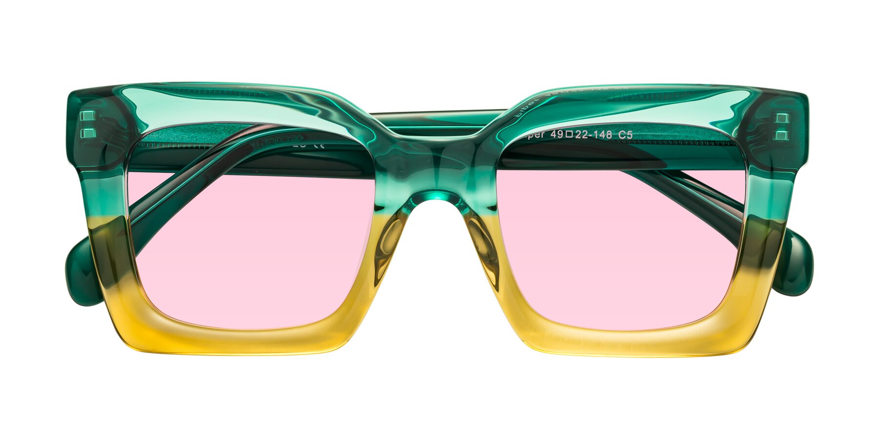 Folded Front of Piper in Green-Champagne with Light Pink Tinted Lenses