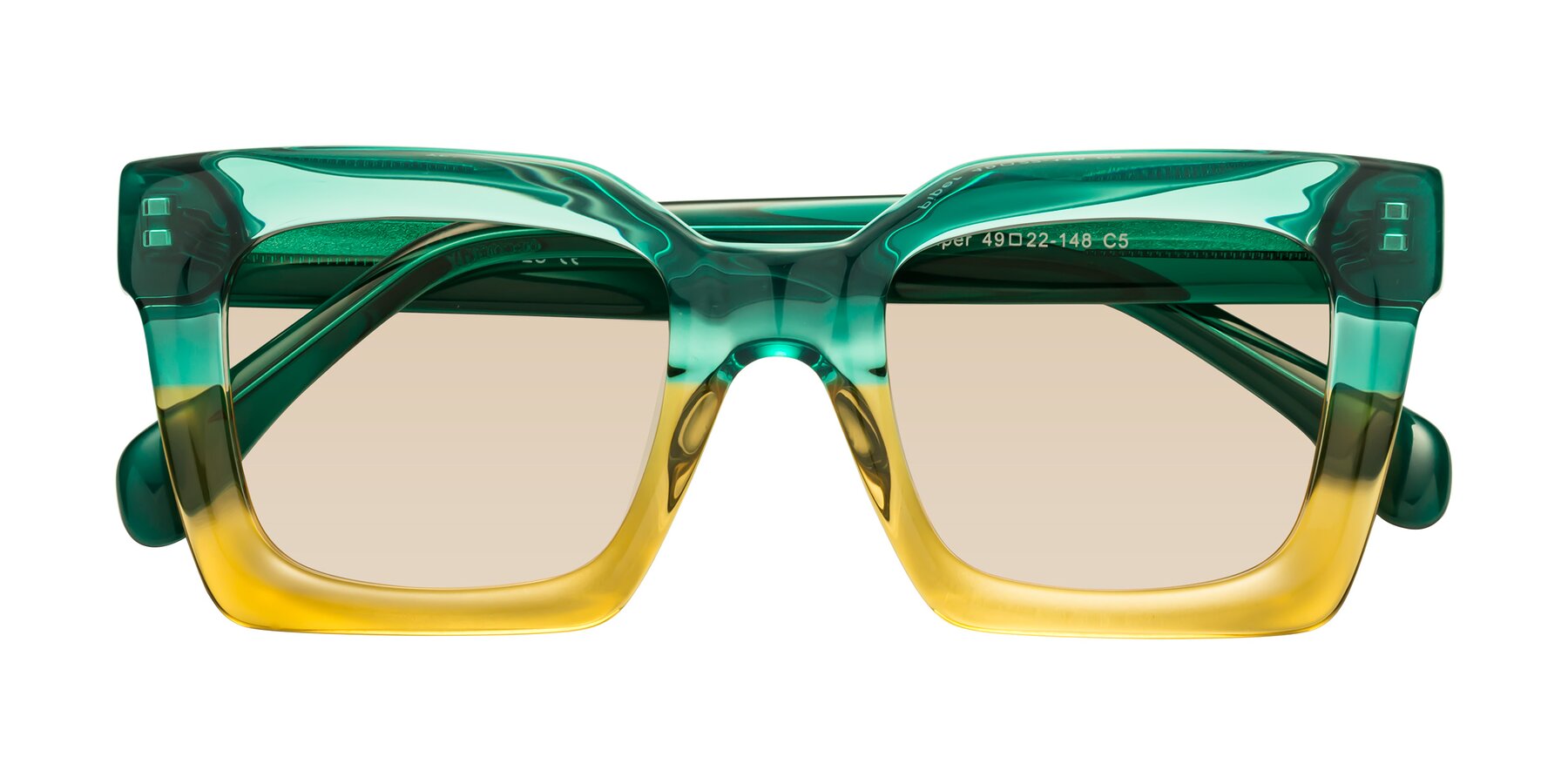 Folded Front of Piper in Green-Champagne with Light Brown Tinted Lenses
