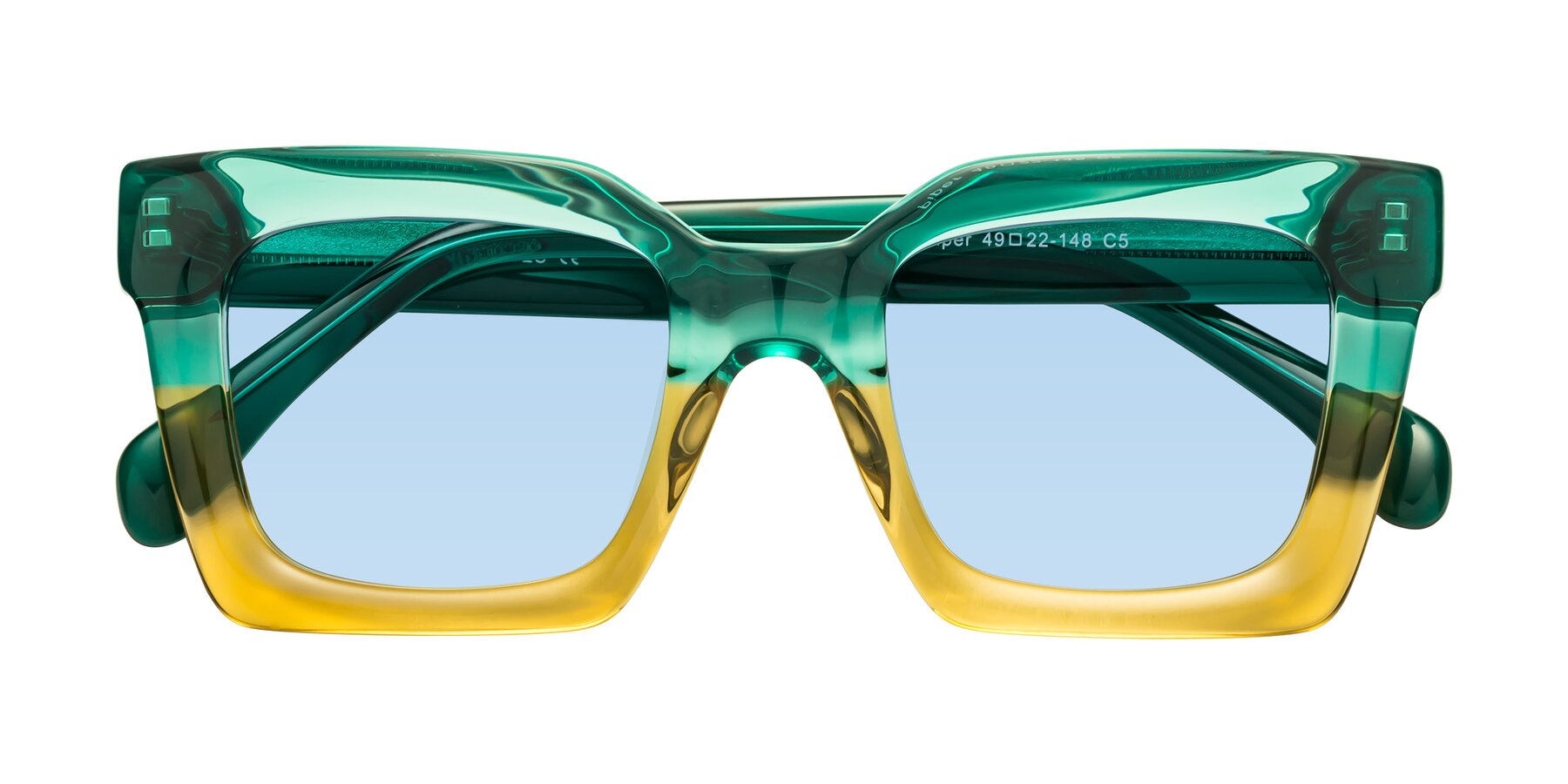 Folded Front of Piper in Green-Champagne with Light Blue Tinted Lenses