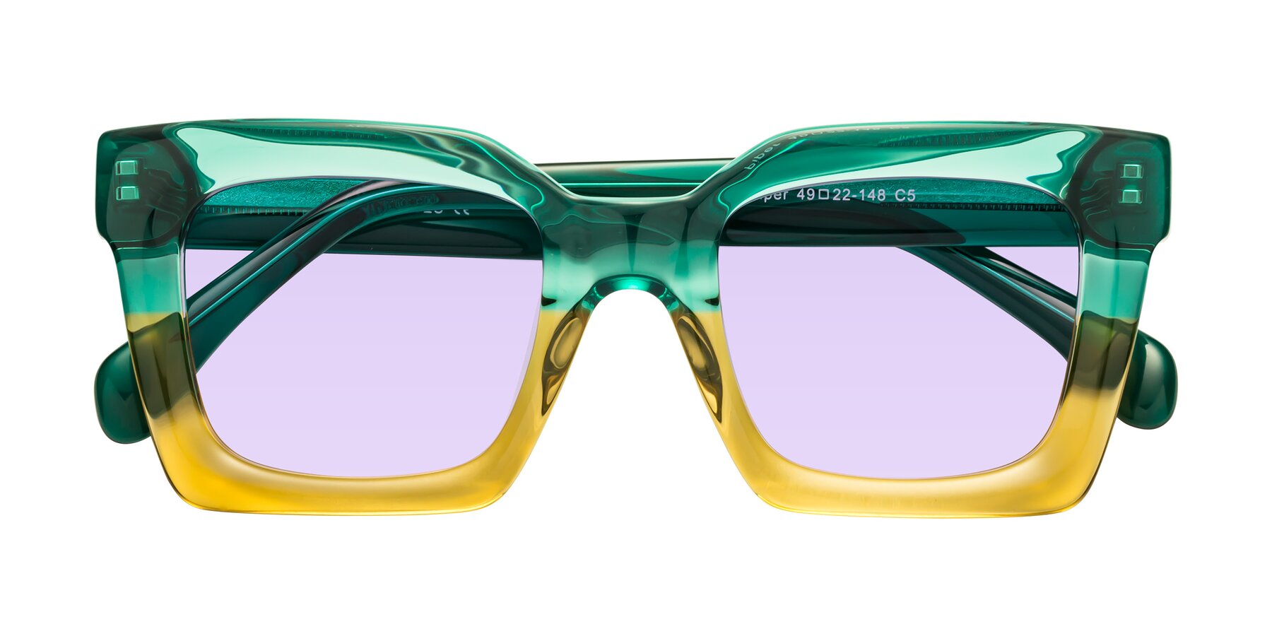Folded Front of Piper in Green-Champagne with Light Purple Tinted Lenses