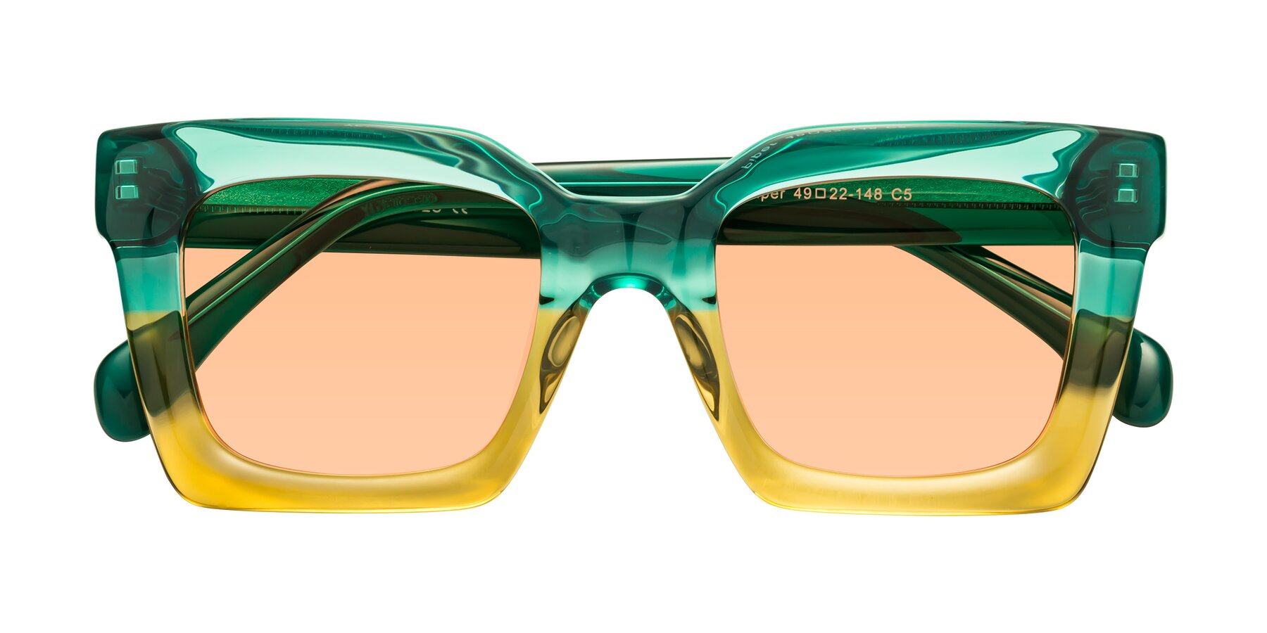 Folded Front of Piper in Green-Champagne with Light Orange Tinted Lenses