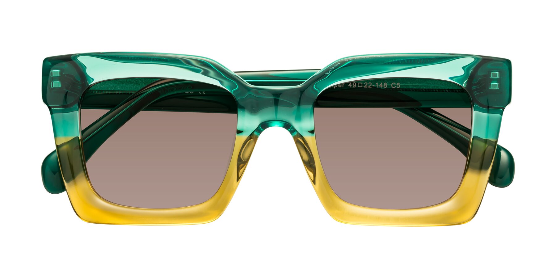 Folded Front of Piper in Green-Champagne with Medium Brown Tinted Lenses