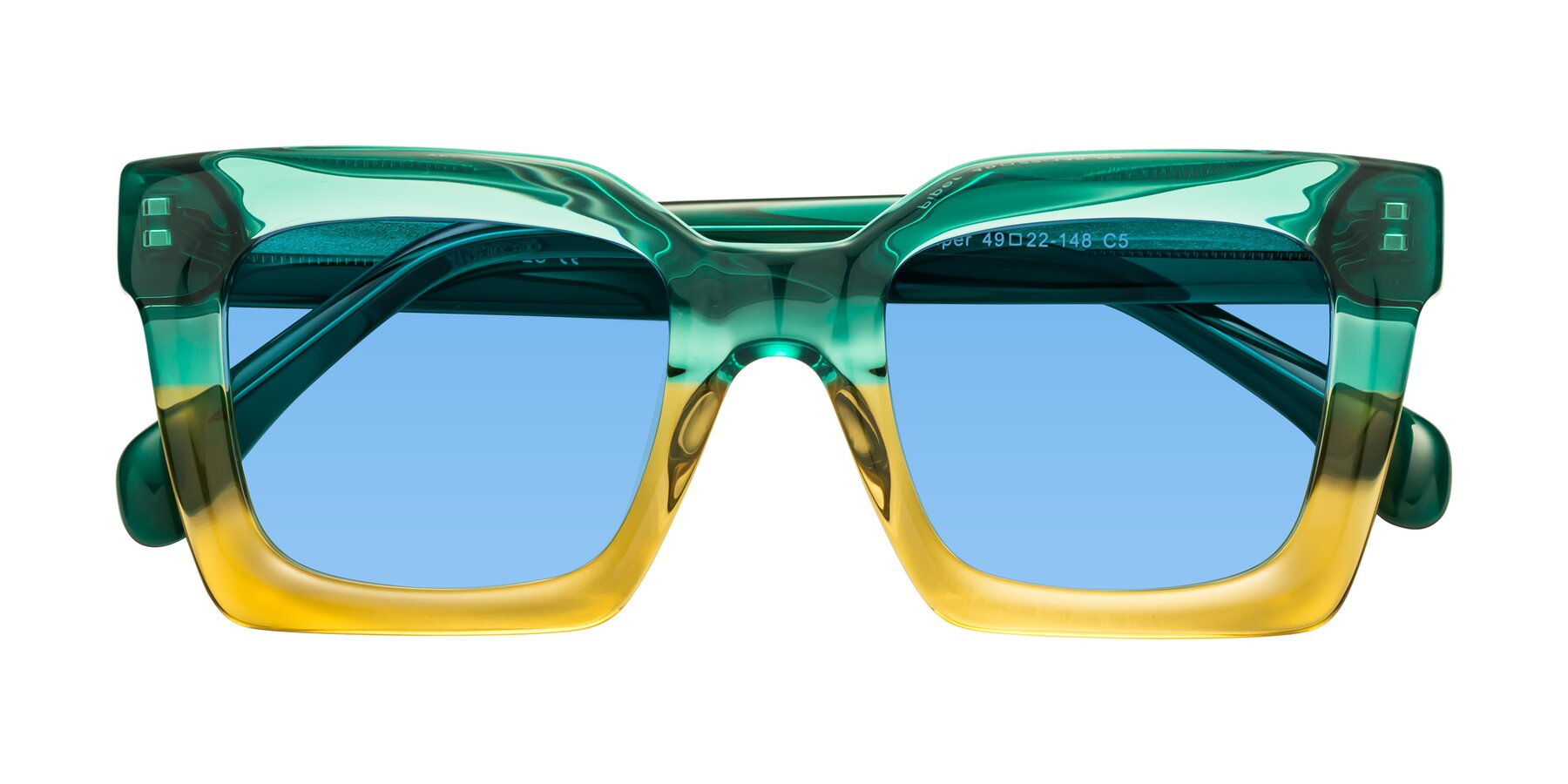 Folded Front of Piper in Green-Champagne with Medium Blue Tinted Lenses