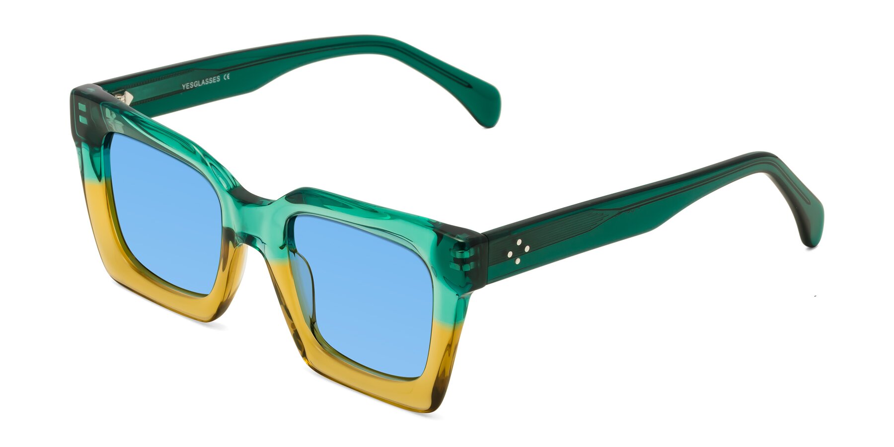 Angle of Piper in Green-Champagne with Medium Blue Tinted Lenses