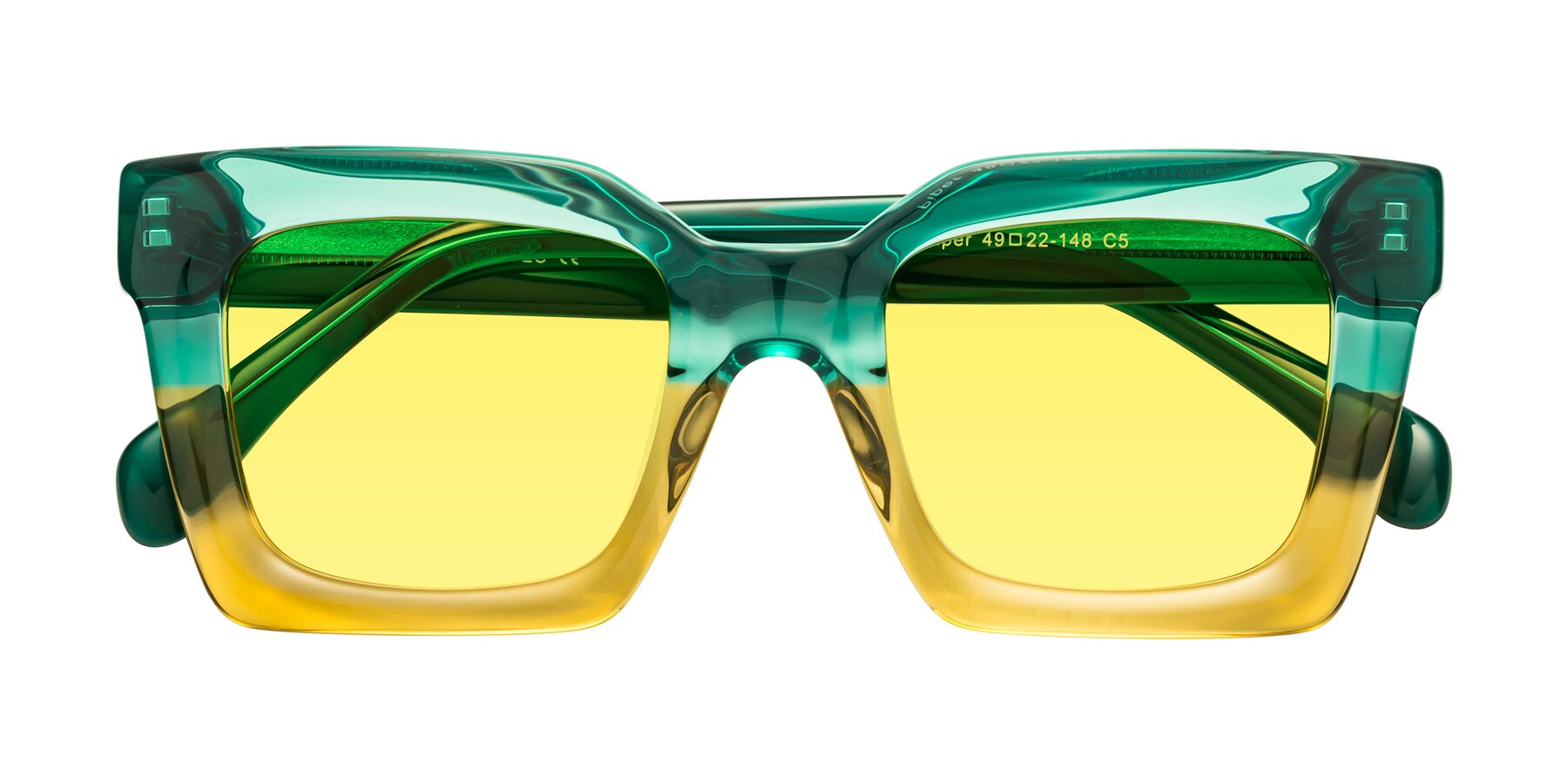 Folded Front of Piper in Green-Champagne with Medium Yellow Tinted Lenses