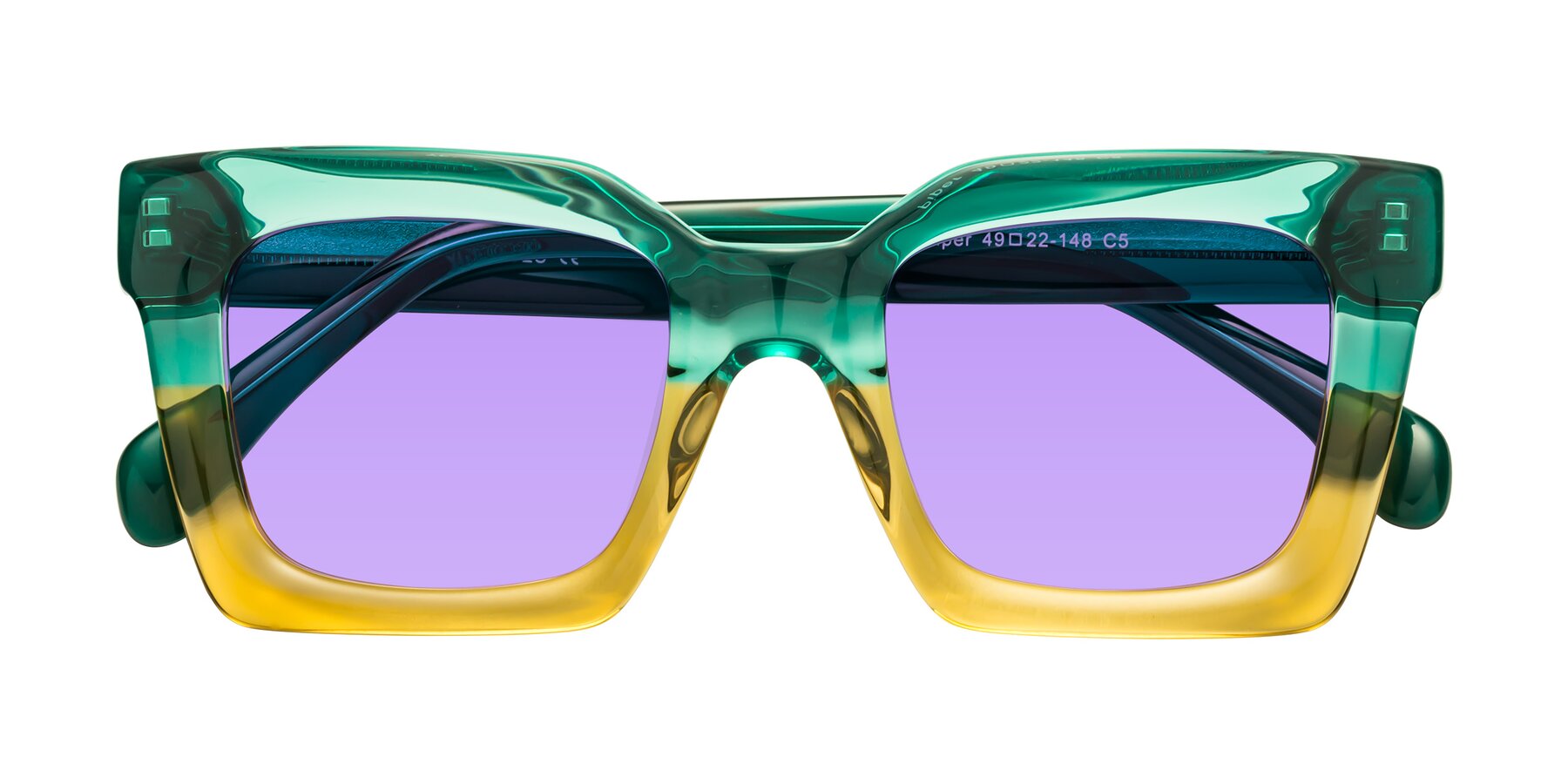 Folded Front of Piper in Green-Champagne with Medium Purple Tinted Lenses