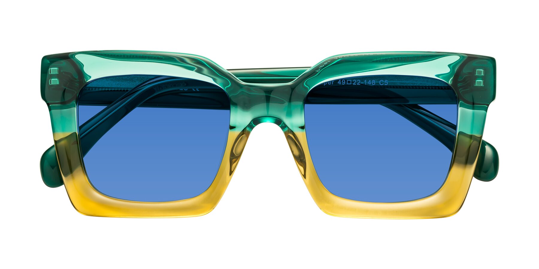 Folded Front of Piper in Green-Champagne with Blue Tinted Lenses