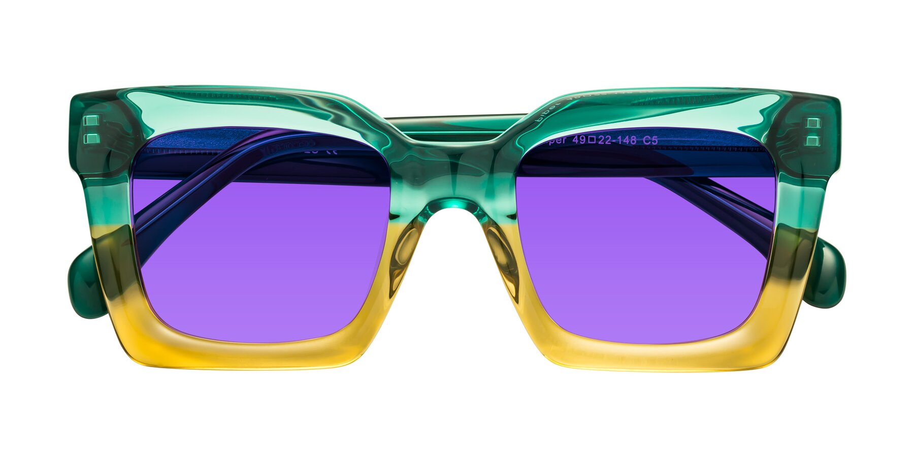 Folded Front of Piper in Green-Champagne with Purple Tinted Lenses