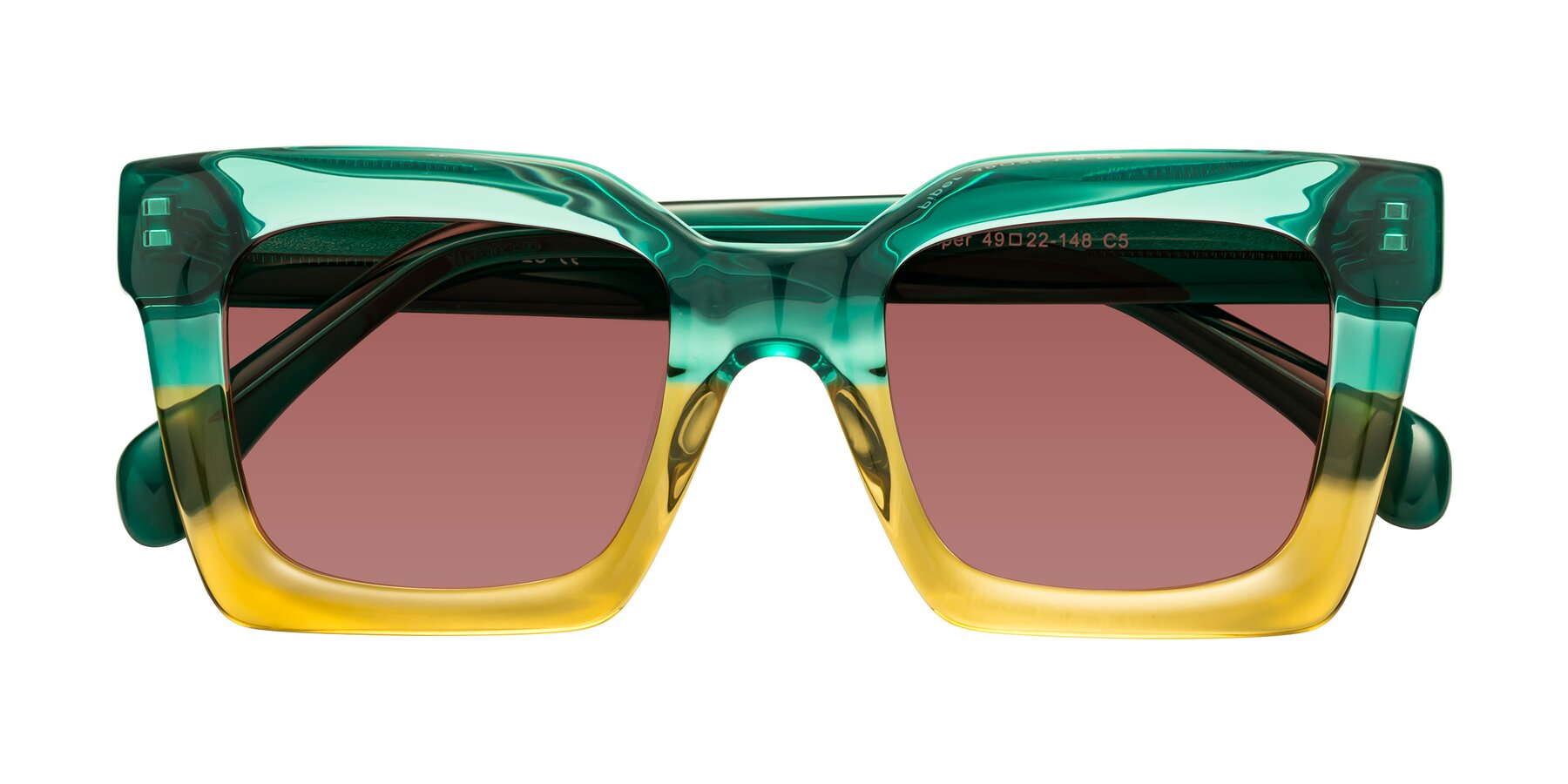 Folded Front of Piper in Green-Champagne with Garnet Tinted Lenses