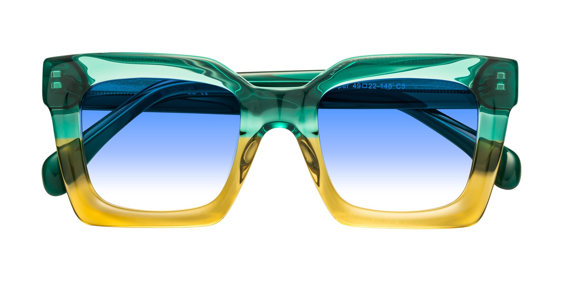 Folded Front of Piper in Green-Champagne with Blue Gradient Lenses