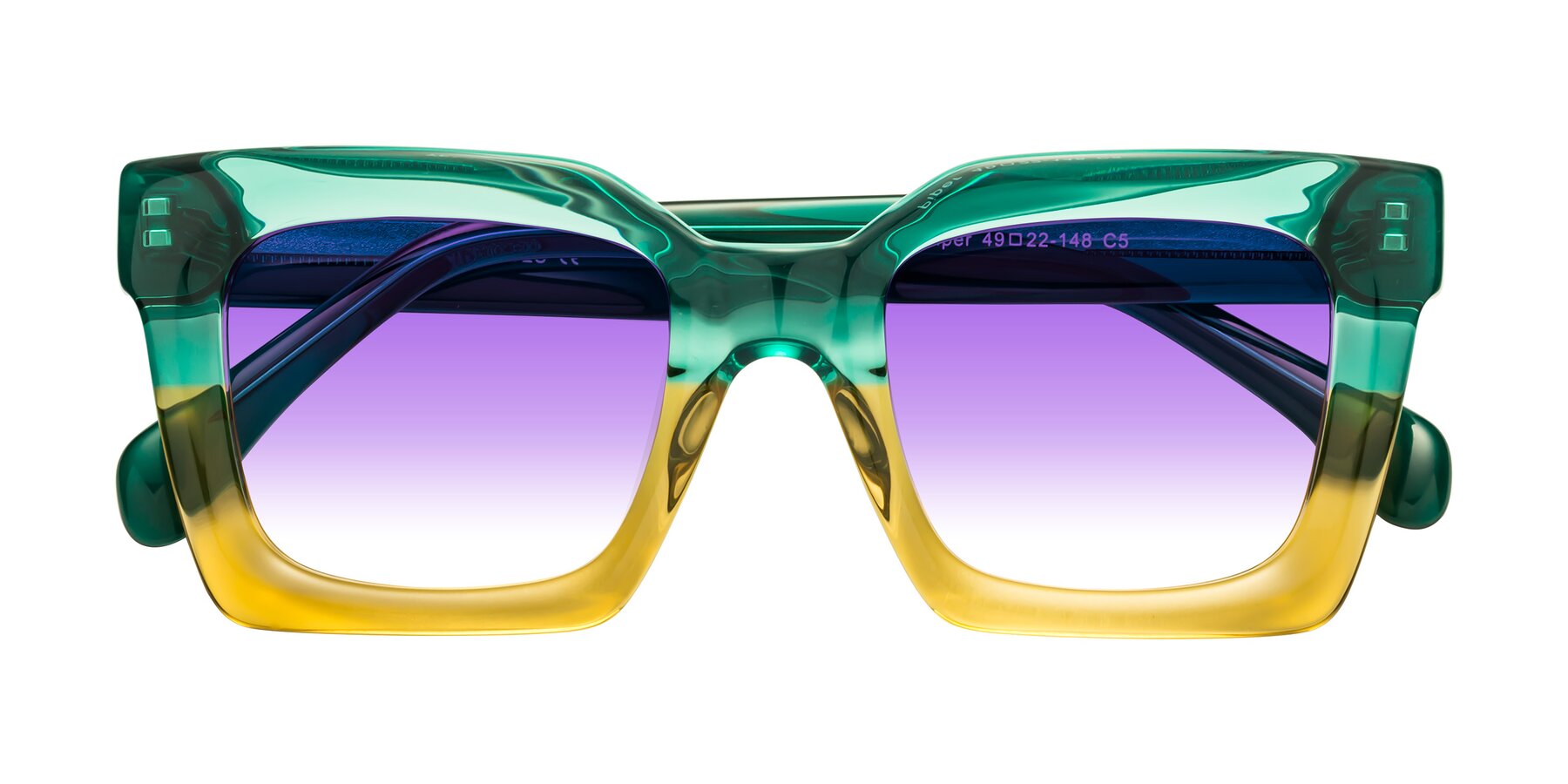 Folded Front of Piper in Green-Champagne with Purple Gradient Lenses