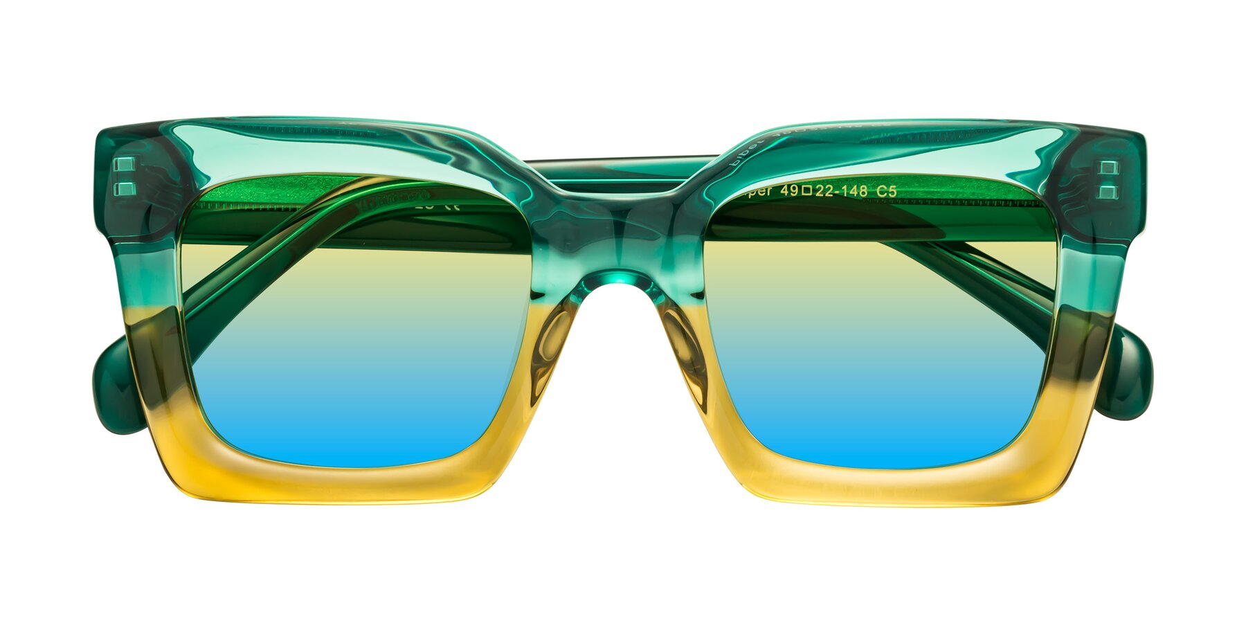 Folded Front of Piper in Green-Champagne with Yellow / Blue Gradient Lenses