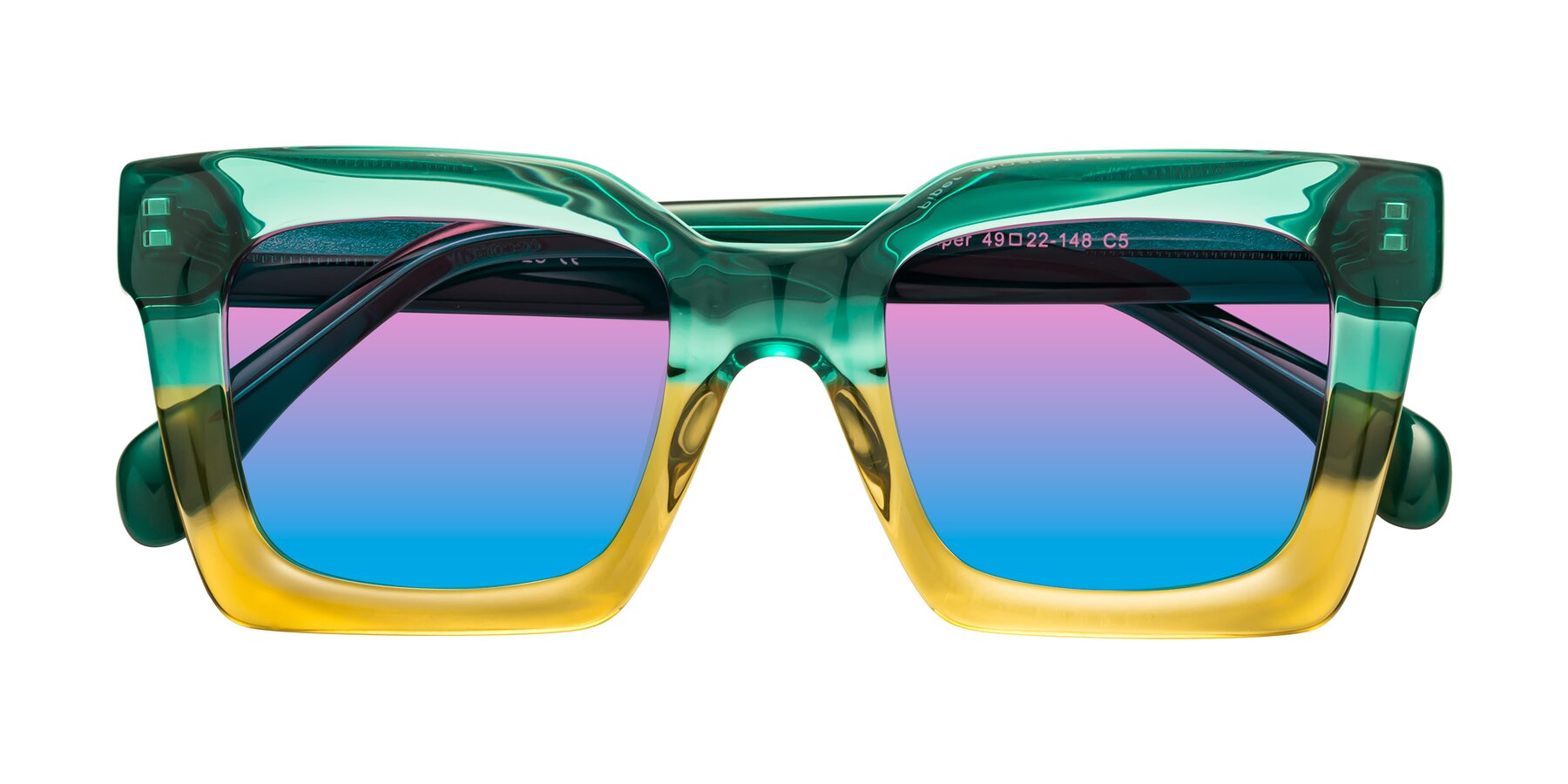 Folded Front of Piper in Green-Champagne with Pink / Blue Gradient Lenses
